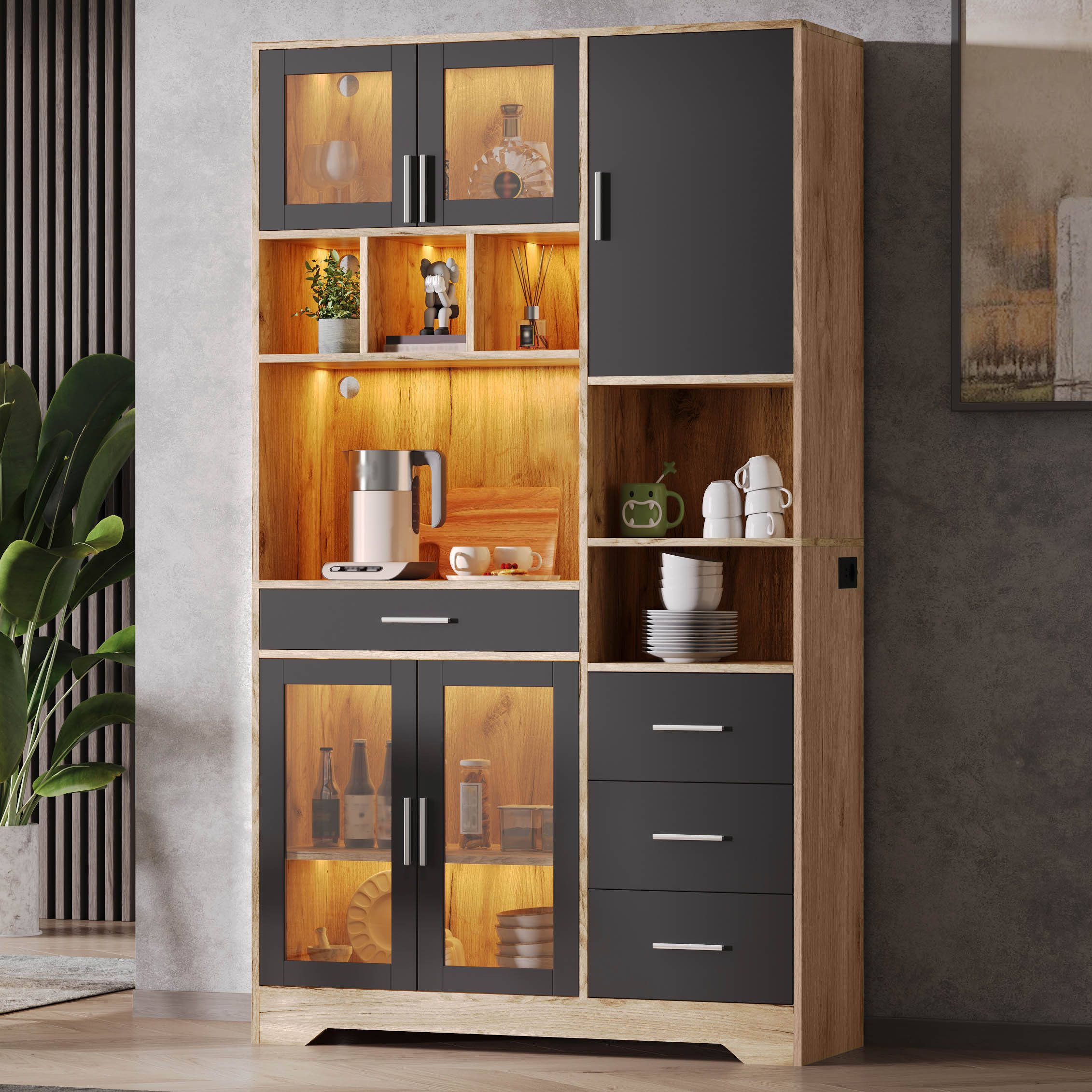 Flieks Küchenbuffet mit LED-Beleuchtung, Steckdosen und verstellbarer Regalen (1-St., 100x40x185 cm) Hochschrank Küchenschrank Geschirrschrank mit Schubladen und Glastüren