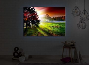 lightbox-multicolor LED-Bild Sonnenuntergang an nebliger Lichtung front lighted / 60x40cm, Leuchtbild mit Fernbedienung