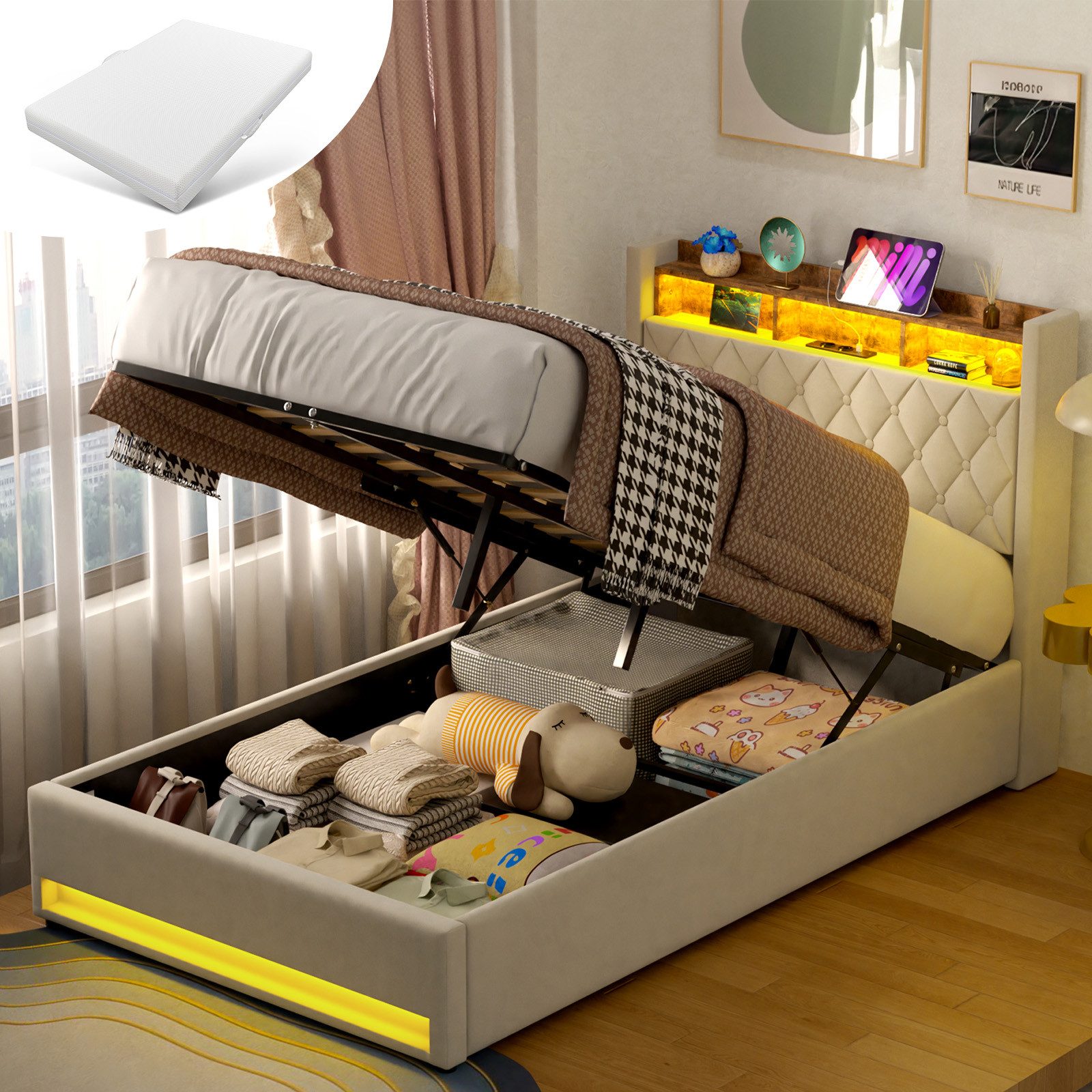 REDOM Polsterbett mit Premium-Samt – Stabil, Komfortabel, Zeitlos (Robuster Holz-Eisen-Rahmen • Atmungsaktiver Schaum • Inklusive Lattenrost, 1-tlg., 140*200), Mit LED-Lichtleiste und USB-Aufladung