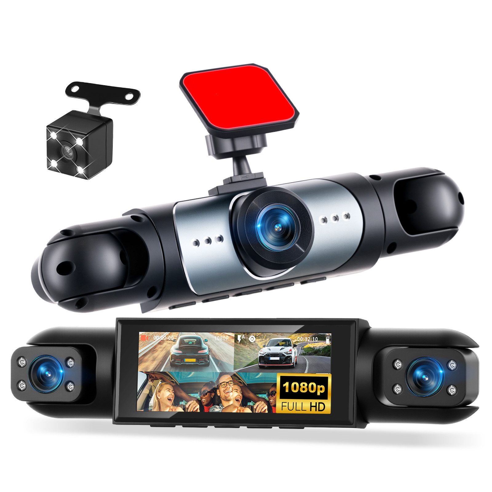 Hikity 3,16-Zoll/3-Zoll 1080P HD Dashcam mit 4 Linsen Dashcam (HD, Nachtsichtfunktion, Schleifenaufzeichnung)