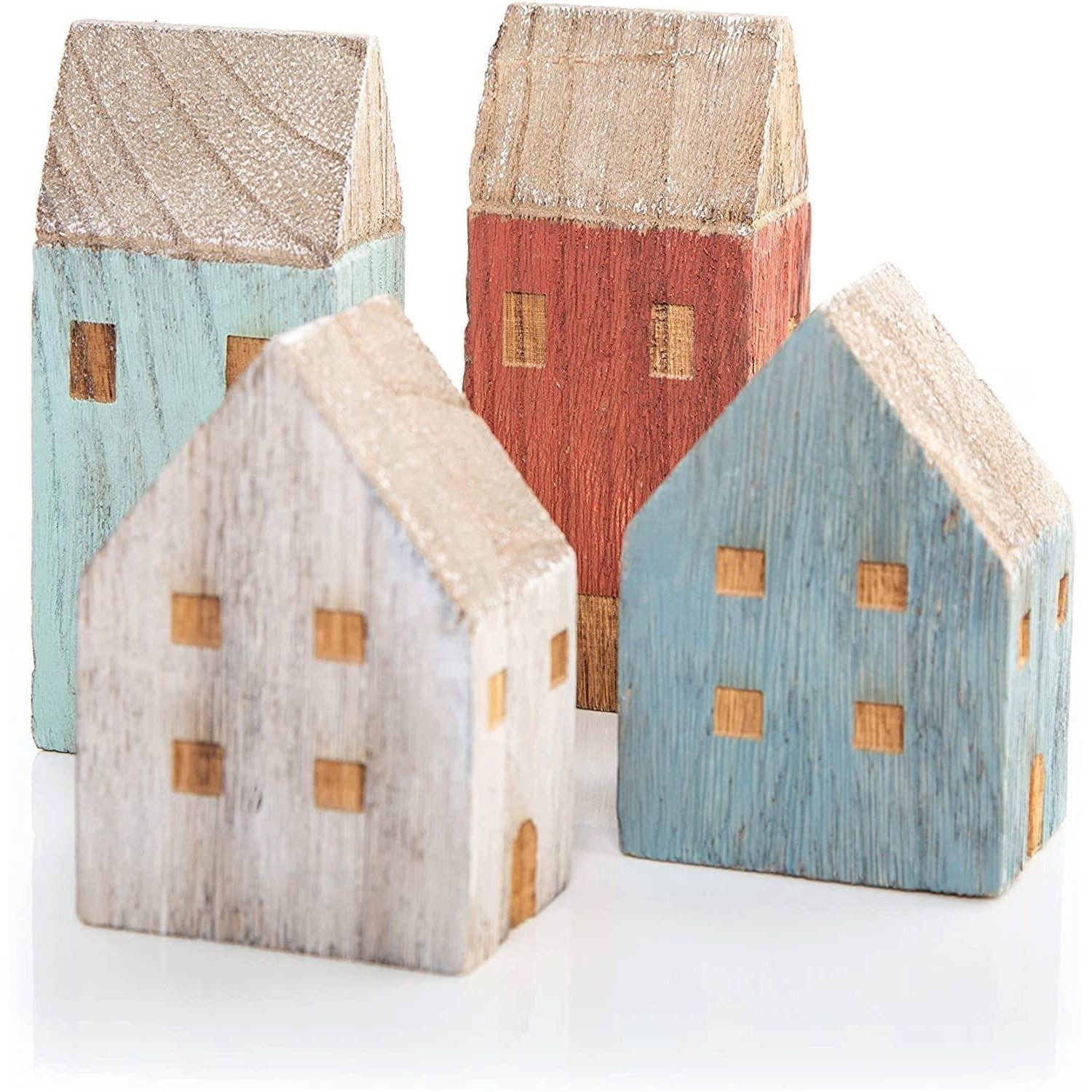 Logbuch-Verlag Dekofigur 4 kleine Häuschen aus Holz - Haus Figuren blau rot Natur