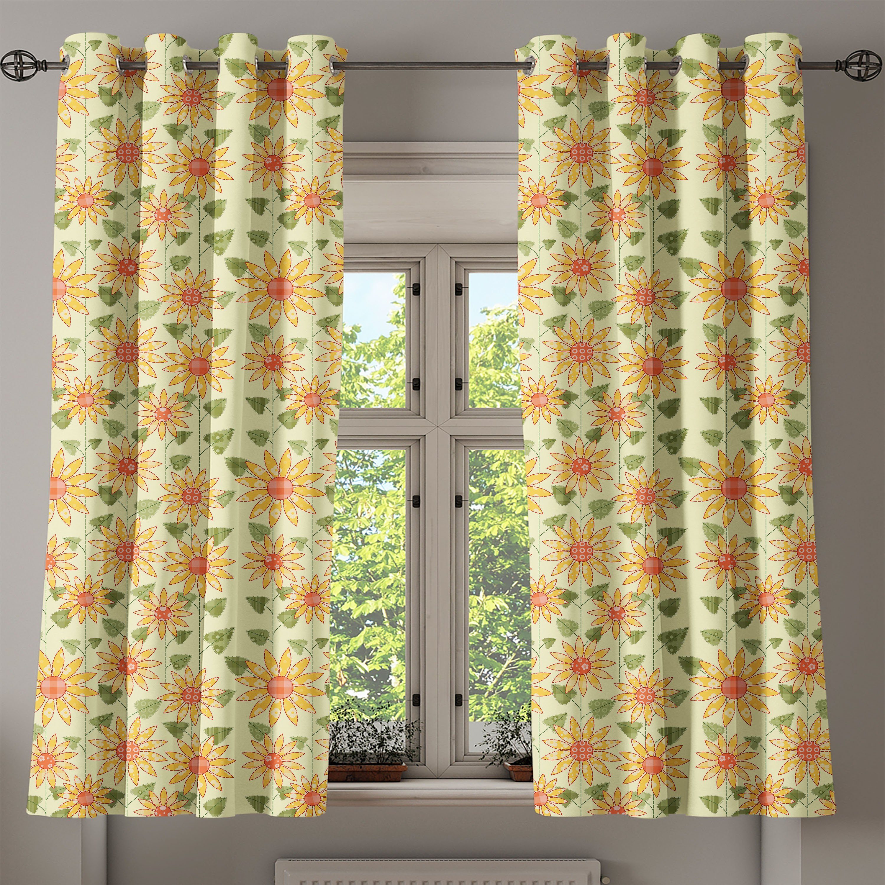 für Sonnenblume Patchwork-Art-Kunst 2-Panel-Fenstervorhänge Wohnzimmer, Abakuhaus, Gardine Dekorative Schlafzimmer