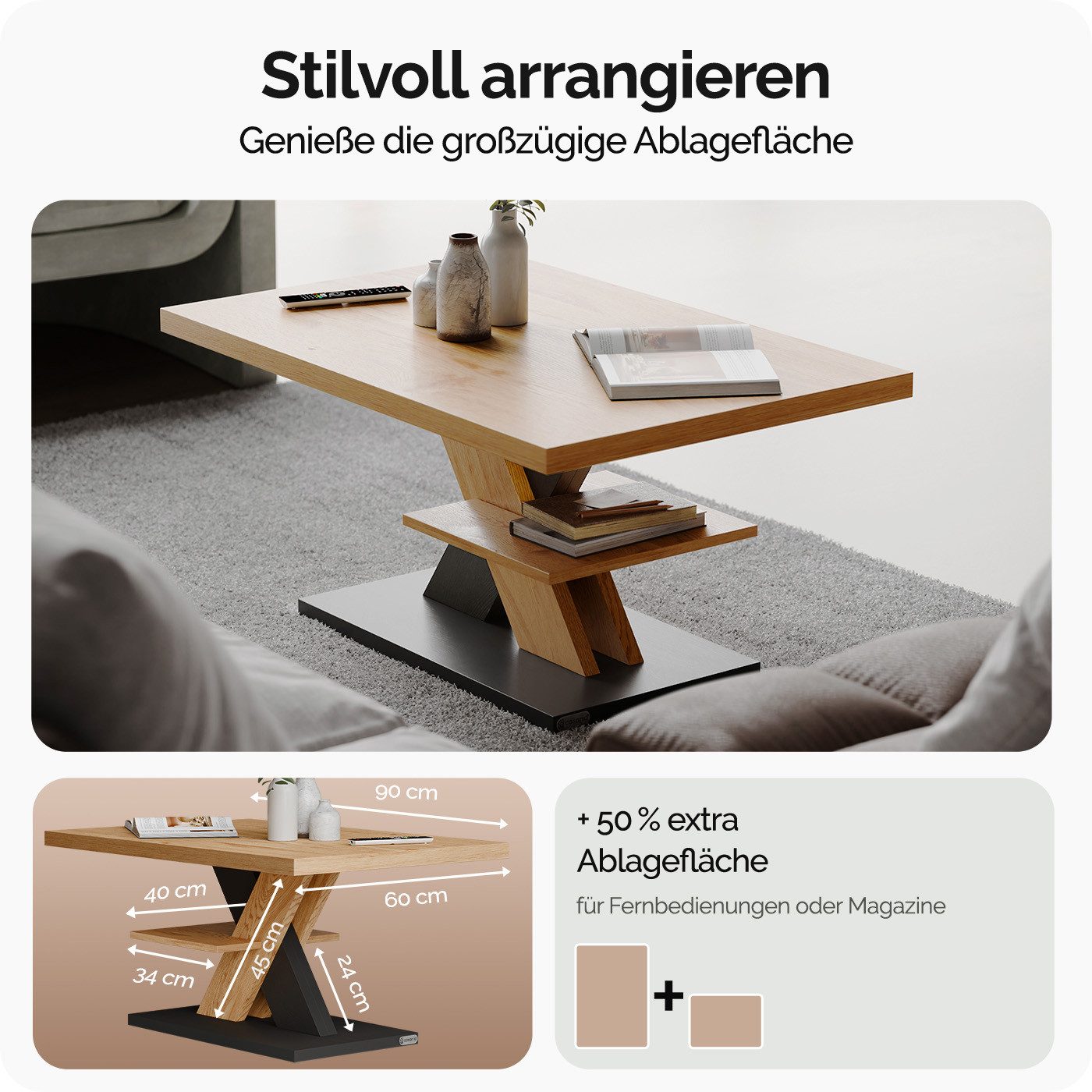 Casaria Couchtisch Detroit, Holz 2 Ablagen 90x60cm Modern Eckig Kratzfest Grau