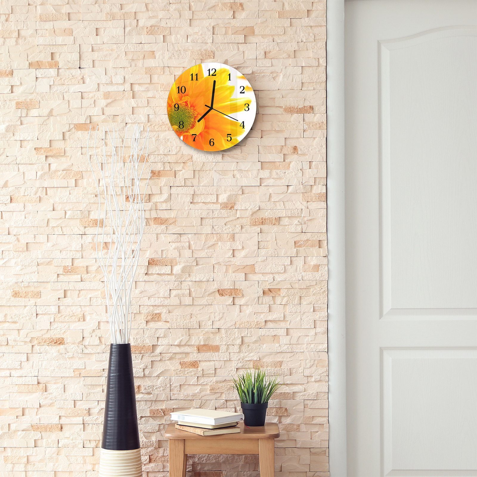 Glas mit Durchmesser Quarzuhrwerk cm 30 Wanduhr - Primedeco und mit Rund Wanduhr Motiv Blütenblatt aus