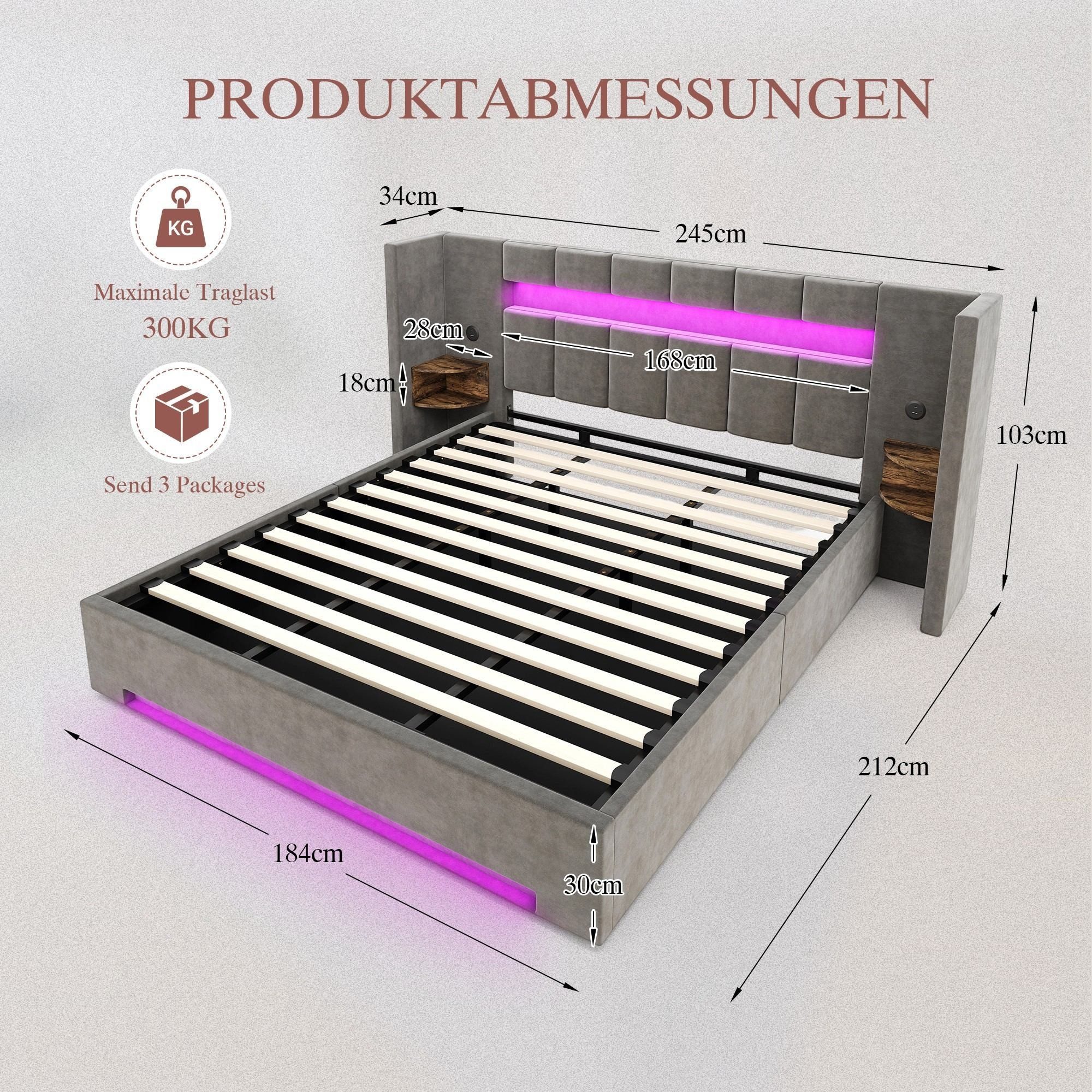LVHOM Boxbett 180×200cm mit intelligentem Stauraum, LED & Ladestationen (Polsterbett aus samtigem Veloursstoff – mit verlängertem Kopfteil (Schubladen), Hydraulik-Unterbettspeicher(kostenlose Staubschutzhülle), integrierten 2 Nachtlichtern/USB-/Type-C-Anschlüssen an den Seiten, app-/fernsteuerbarer LED-Leiste (16 Farben, dimmbar), verstärkter doppelter Mittelstrebe-Metallahmen (300kg Traglast), für alle Zimmertypen/Apartments/Hotels/stilbewusste Haushalte), Ideal bei Schlafzimmern mit wenig Stauraum, abendlicher Entspannung