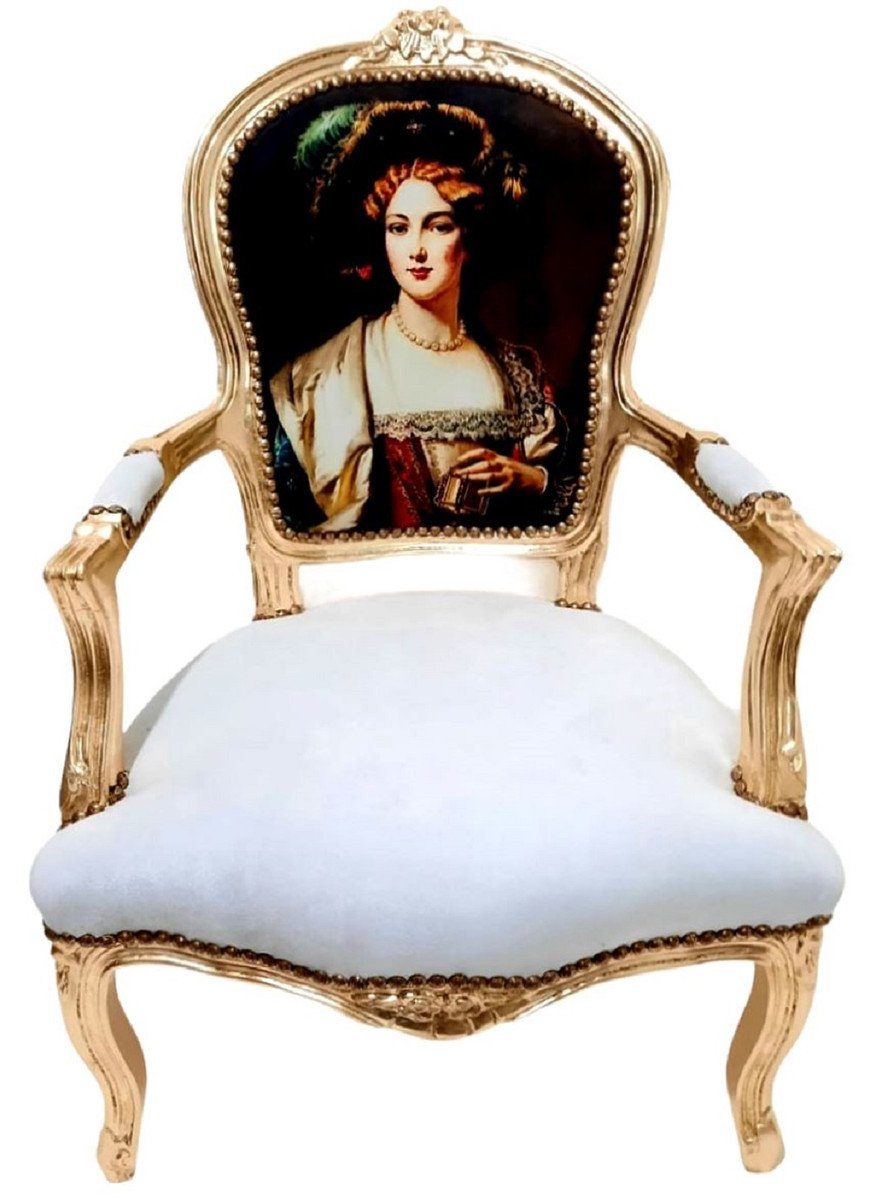 Casa Padrino Besucherstuhl Barock Salon Stuhl Dame Weiß / Gold - Handgefertigter Antik Stil Stuhl mit Armlehnen - Möbel im Barockstil