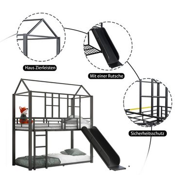 MODFU Etagenbett Eisenrahmenbett mit Schiebetreppe, Hausmodellierung (sicher und langlebig, 90*200cm, Etagenbett, Hausmodellierung, ausgestattet mit Rutsche), ohne Matratze