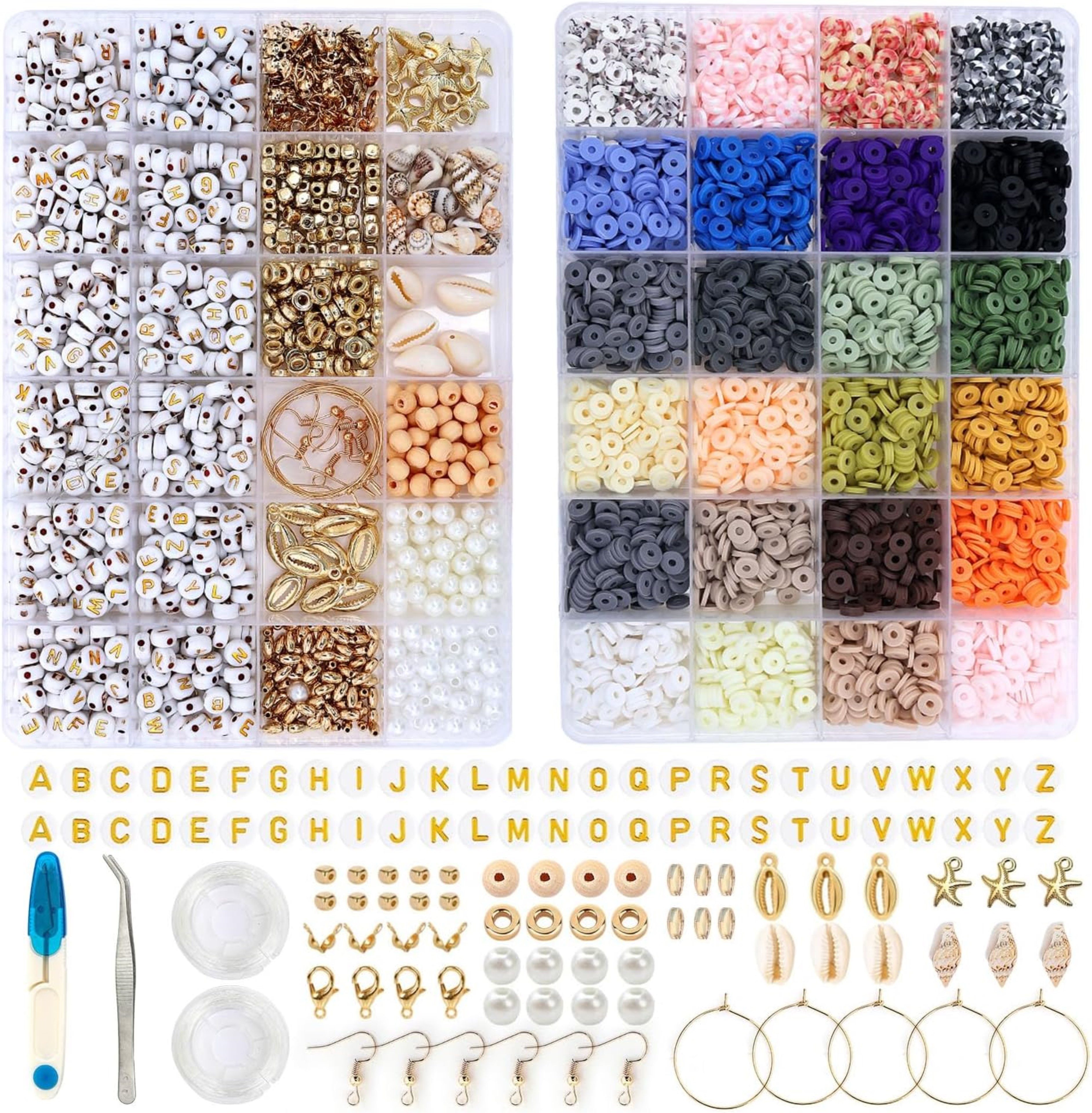 SUOOMAC Perlenarmband Set (Komplettset zur Schmuckherstellung mit Zubehör, 8000-tlg., DIY-Set 6mm Clayperlen & Zubehör in Sortierbox), 24 Farben, goldene Anhänger, DIY-Zubehör für Schmuck