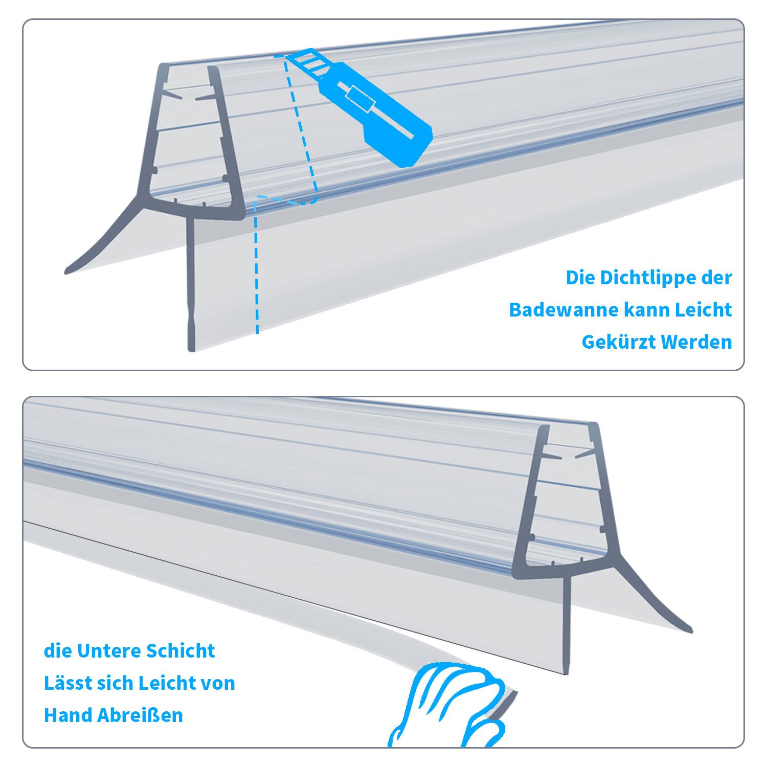 Boromal Duschdichtung 2 Set Ersatzdichtung Duschdichtungen Duschtürdichtung für 4/5/6mm Glas, L: 100 cm, (Schwallschutz 2 Stück für Glastür, 2-St., gerade Glast – Bild 3 von 5