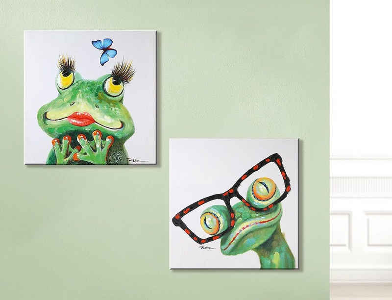 GILDE Dekoobjekt 2tlg. Leinwandbild 'Frogs' - Handgemalte Froschdarstellung in Grüntöne