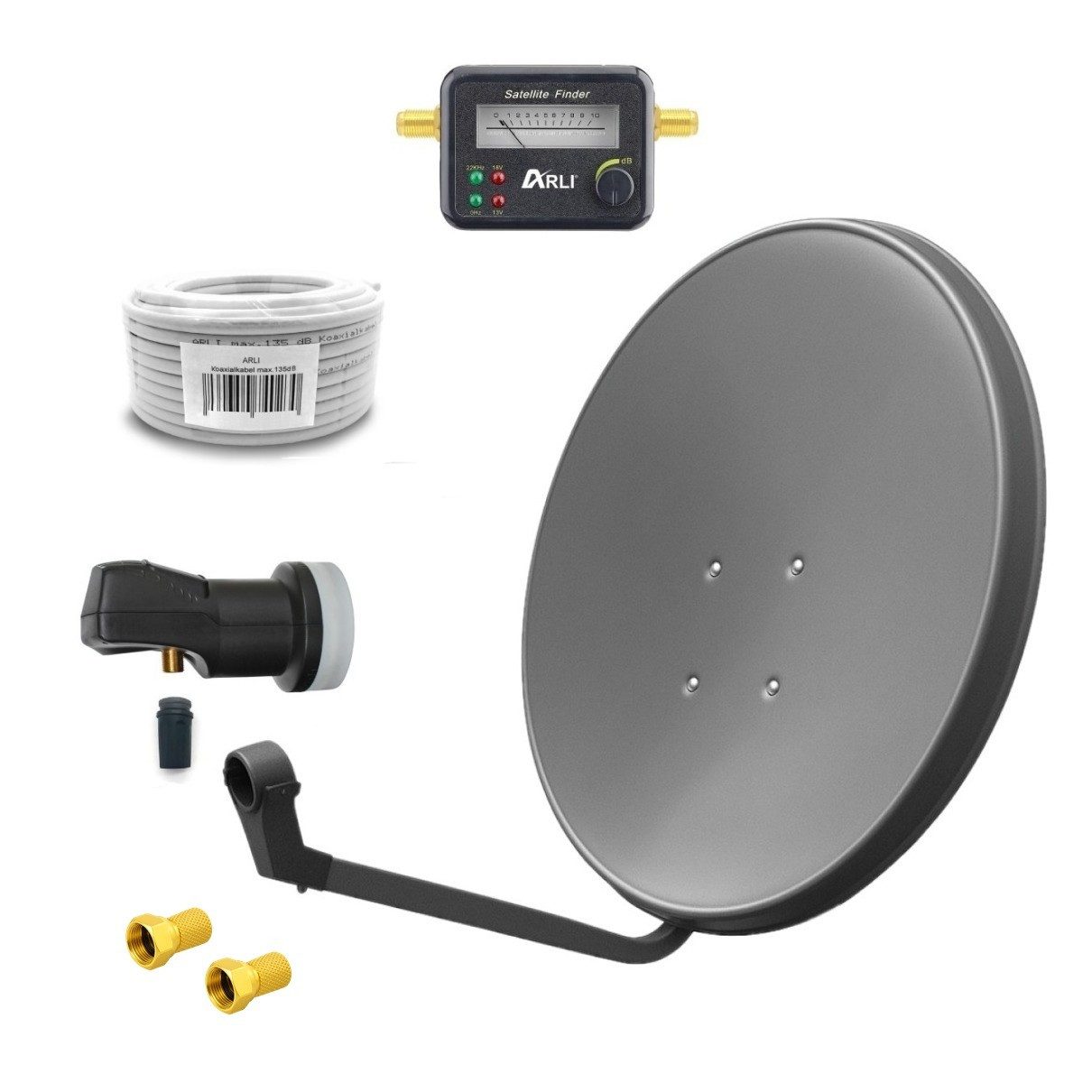 ARLI 60cm HD Sat Anlage grau + Single LNB + 15m Koaxialkabel + Satfinder SAT-Antenne (60 cm, Stahl, Digital 1 Teilnehmer Antenne Grau UHD 4K FullHD)