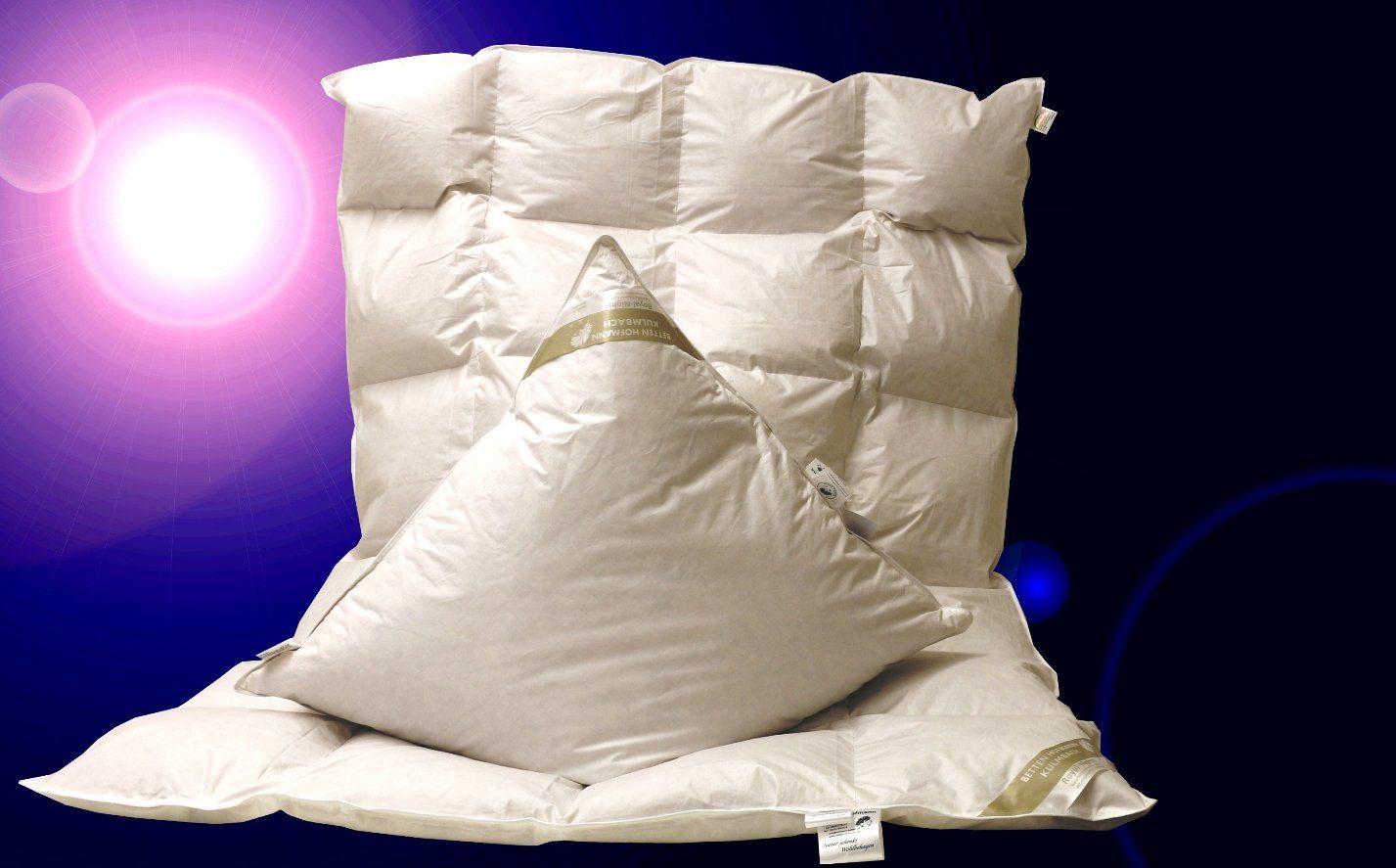 Betten Hofmann 4-Jahreszeitenbett + Kopfkissen Set leichte Ganzjahresdecke Daunendecke Bettdecke 4x6 135x200 + Kissen, Füllung: 900g neue can. silberweiße Daunen, Klasse 1 (90% Daunen/ 10% Federn)