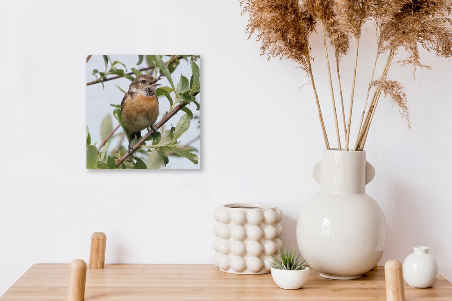 St), - OneMillionCanvasses® Leinwandbild Wohnzimmer - Bilder für Leinwand Schlafzimmer (1 Äste Blätter, Vogel
