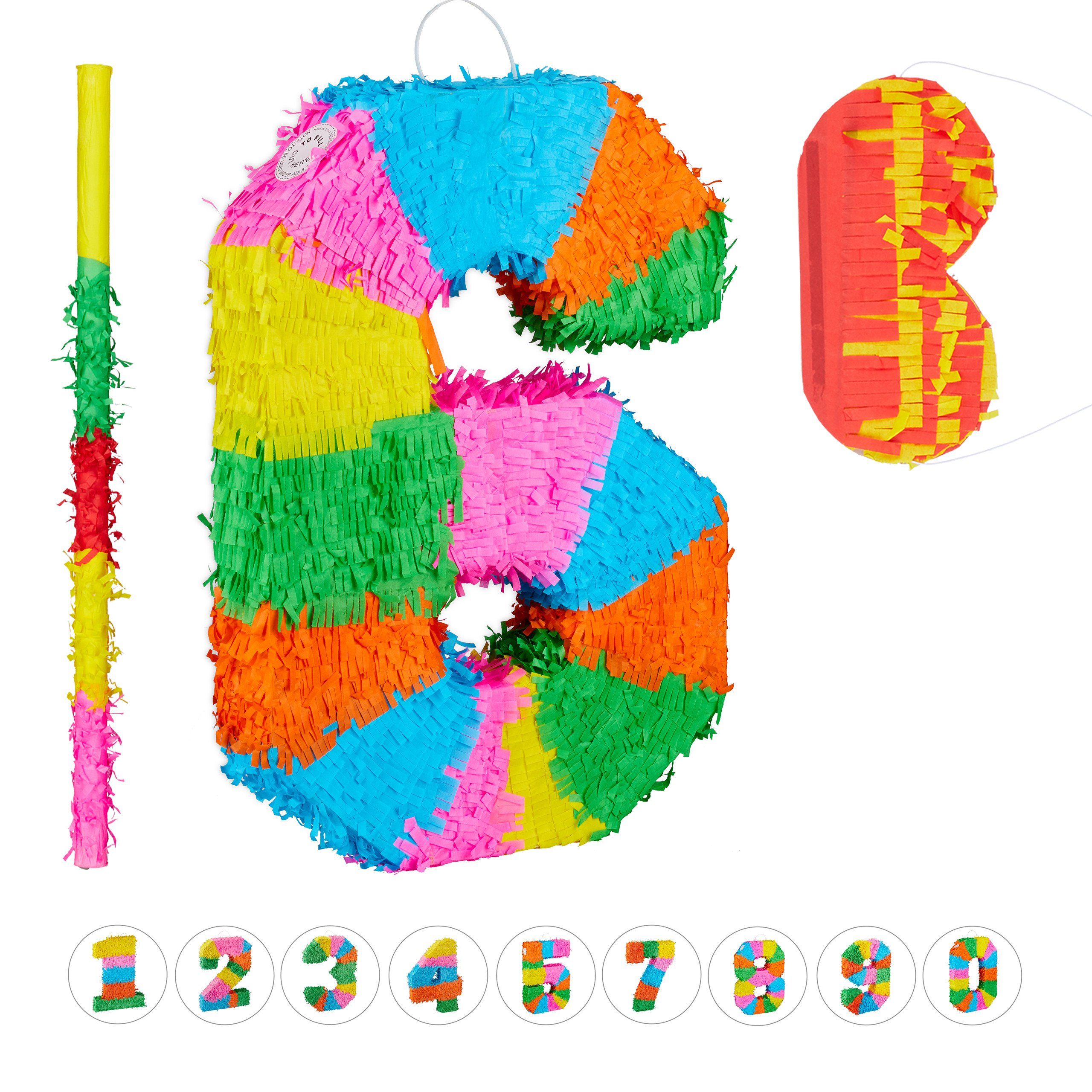 relaxdays Pinata 3-teiliges Pinata Set Zahl 6