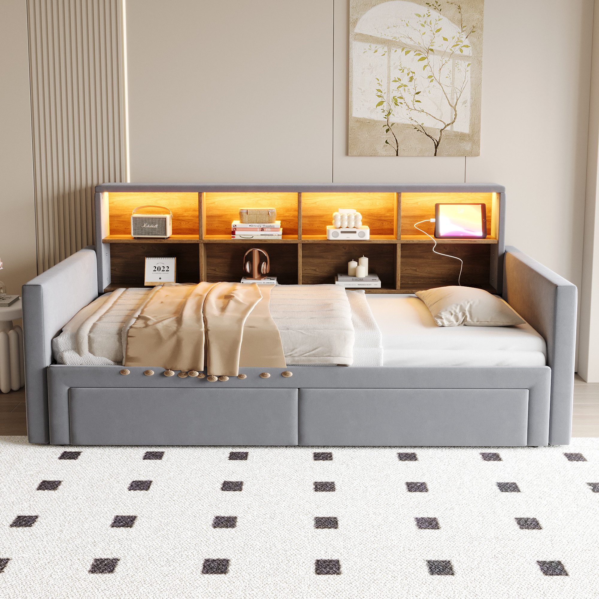 Merax Daybett 90/180×190cm mit LED-Lichtleiste und Ladeanschlüssen (Polster günstig online kaufen