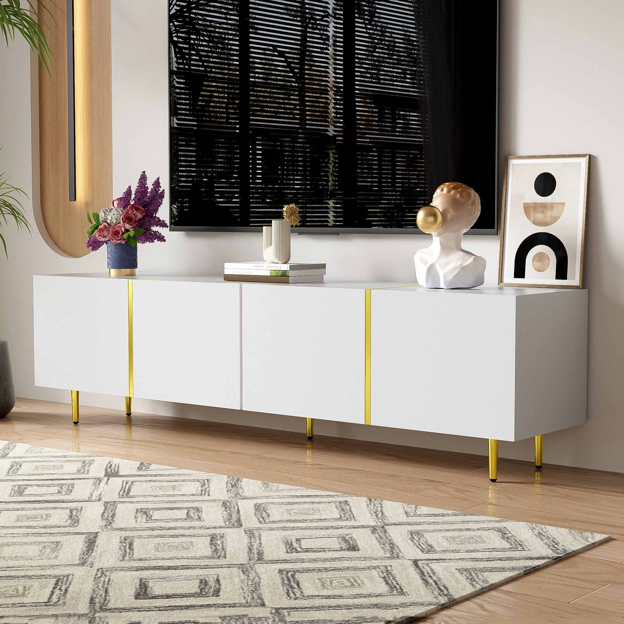 Furnishings Home TV-Schrank TV-Schrank Modern Hochglanz-TV-Schrank mit vier Türen Weiß Schwarz (1-St) Vielseitig einsetzbar Stauraum Oberfläche mit goldenen Akzenten