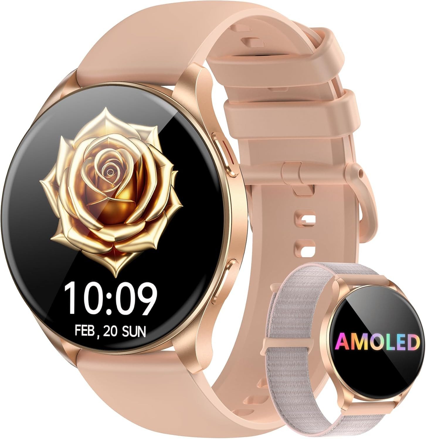IOWODO Smartwatch Damen Herren Ultradünn, 5 Tage Akku,1,43" AMOLED, 2 Armband Smartwatch (1.43 Zoll, Android/IOS), 1-tlg., mit 120+ Sportmodi und Bluetooth-Anruf, WhatsApp Benachrichtigungen, SpO2,Herzfrequenz-und Schlafüberwachung,Schritten,Sprachassistent,IP68