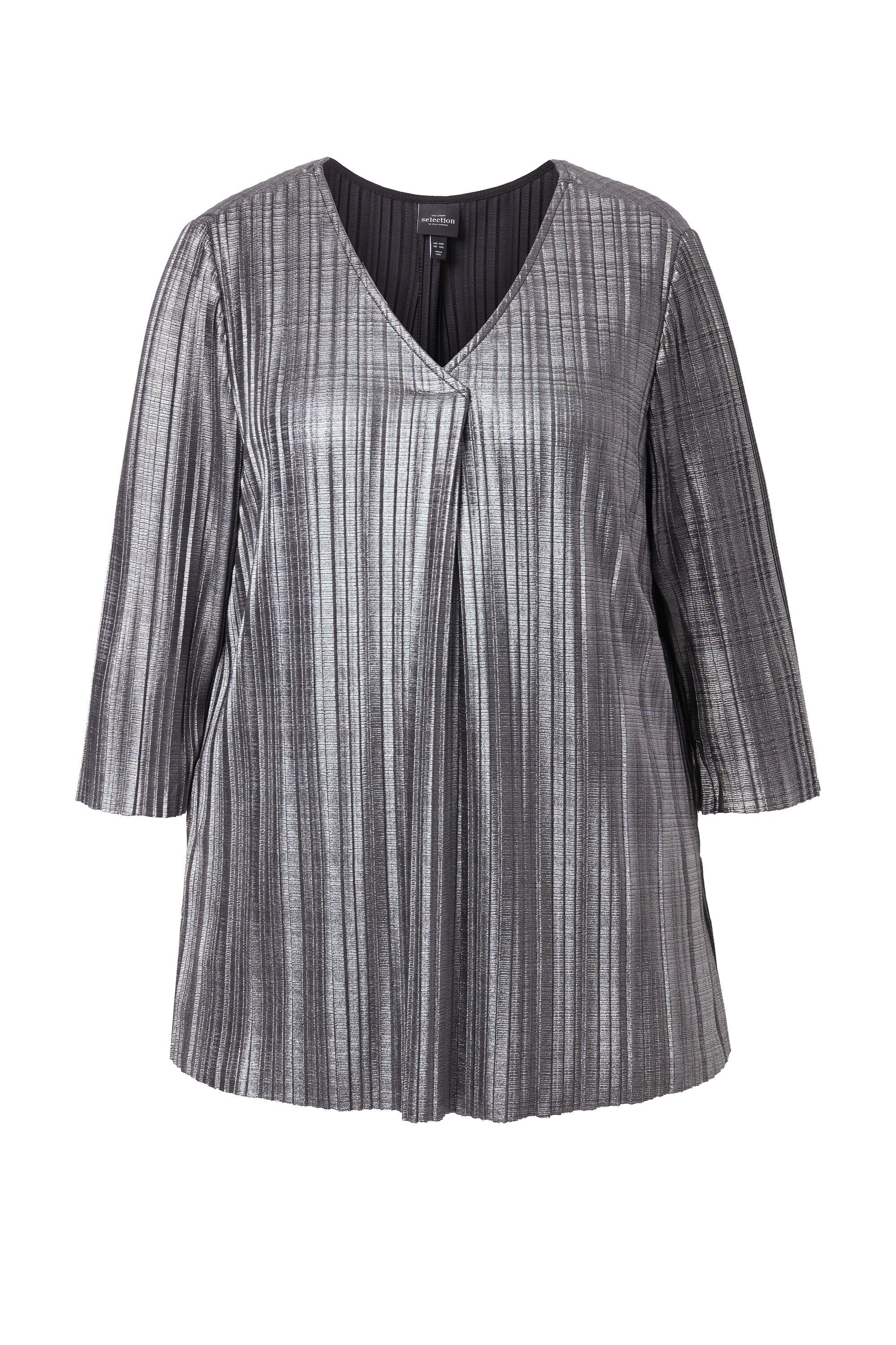 Ulla Popken Tunika Plissee-Bluse A-Linie V-Ausschnitt 3/4-Arm