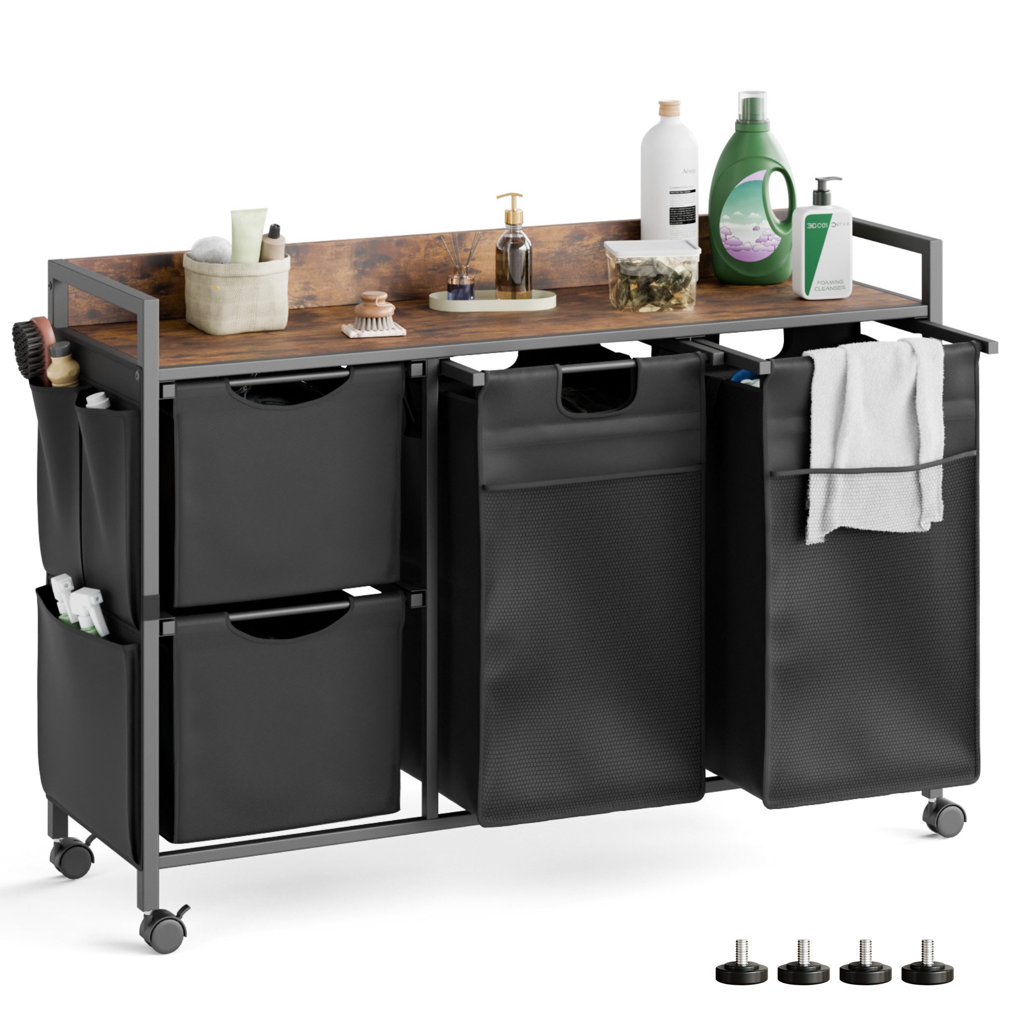 Mondeer Wäschekorb Metallgestell Wäschesammler (4 St., 150L), mit 4 abgetrennten Säcken, mit Ablage & austauschbaren Rollen