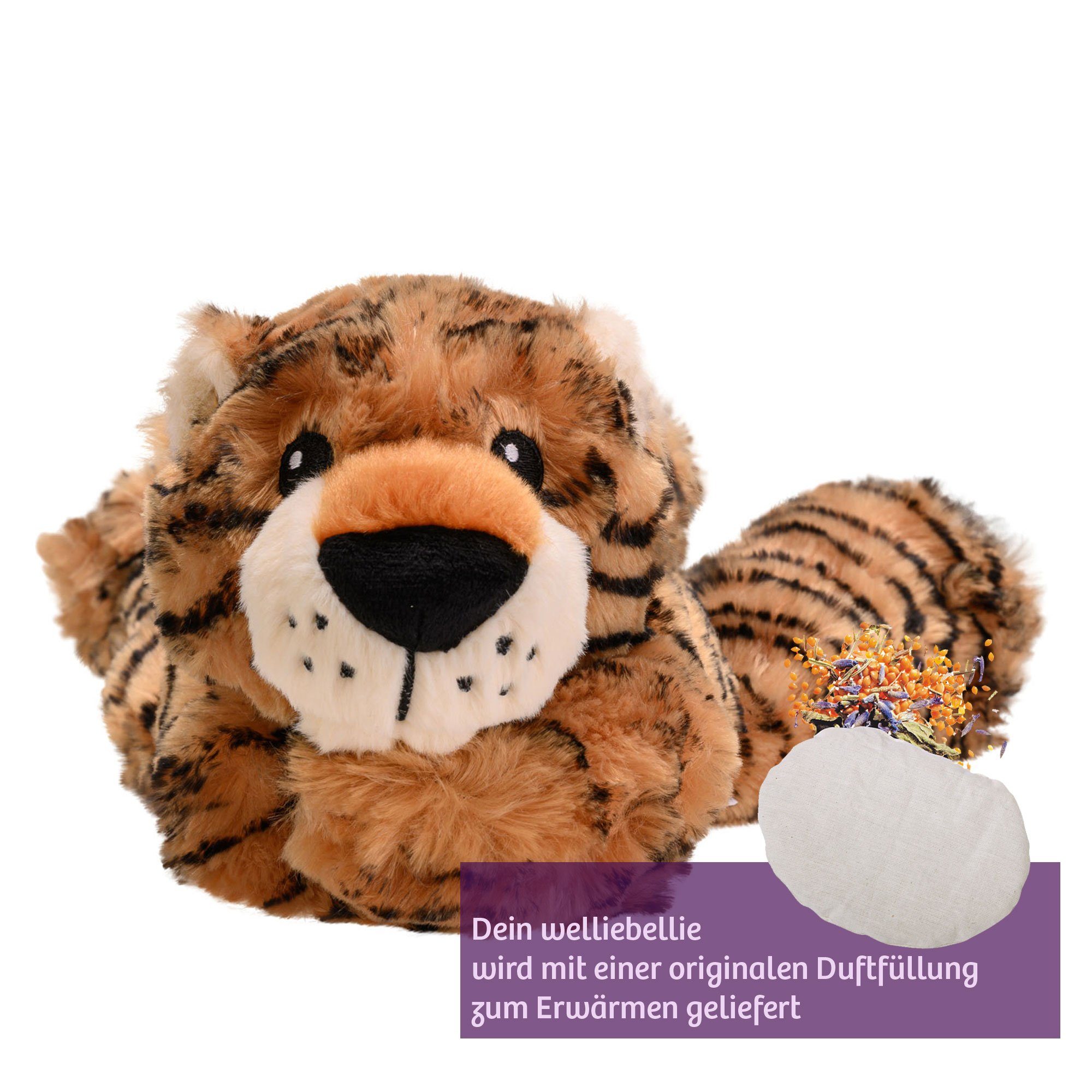 Hirsekörnerkissen Wärmekuscheltier Tiger, Welliebellies, Wärme zum Liebhaben, geeignet für Mikrowelle und Backofen