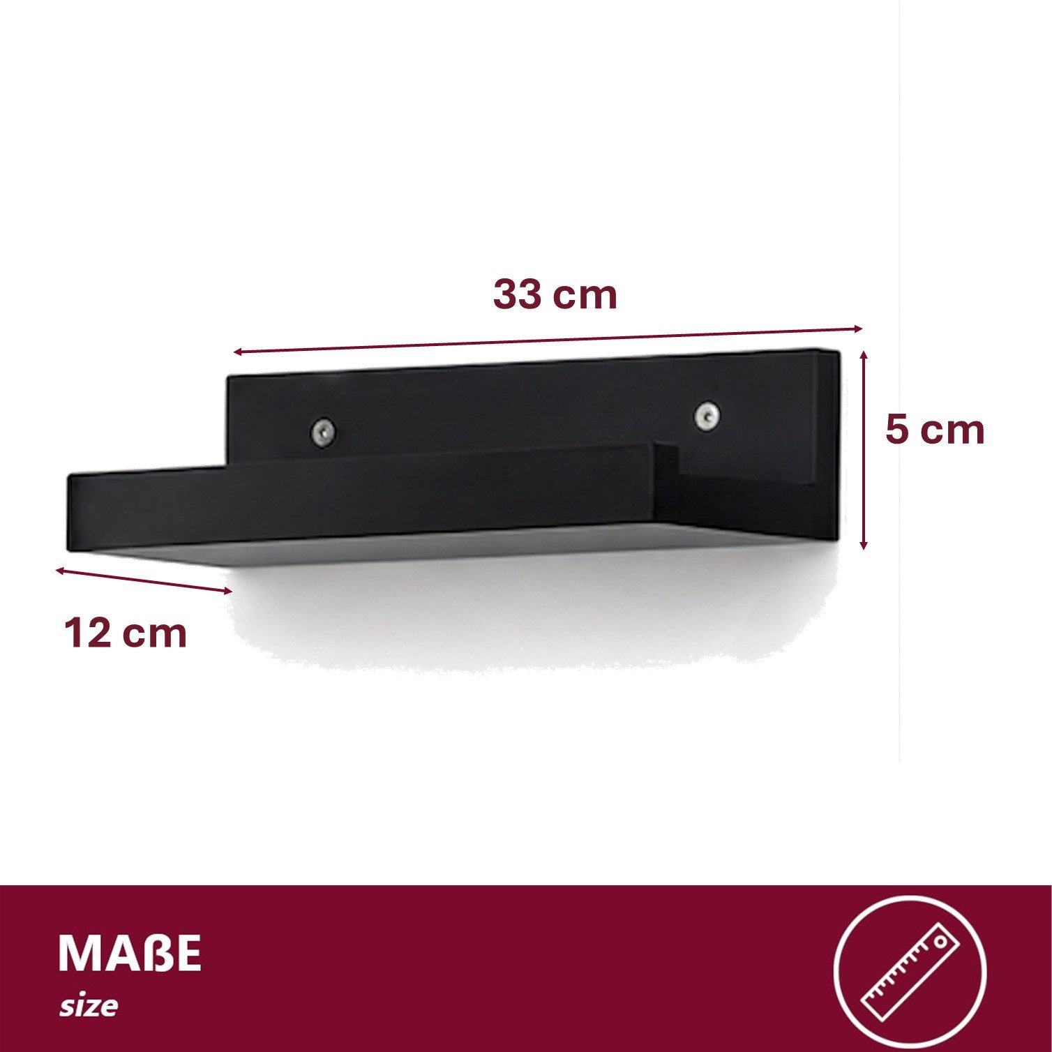 HOOZ Wandregal Wandbord 33 x12 x 5 cm, Massiv Bambus FSC zertifiziert, Farbe Schwarz, Einzelartikel 1-tlg., FSC-zertifizierter Bambus, schwebende Optik, erhöhte Frontkante