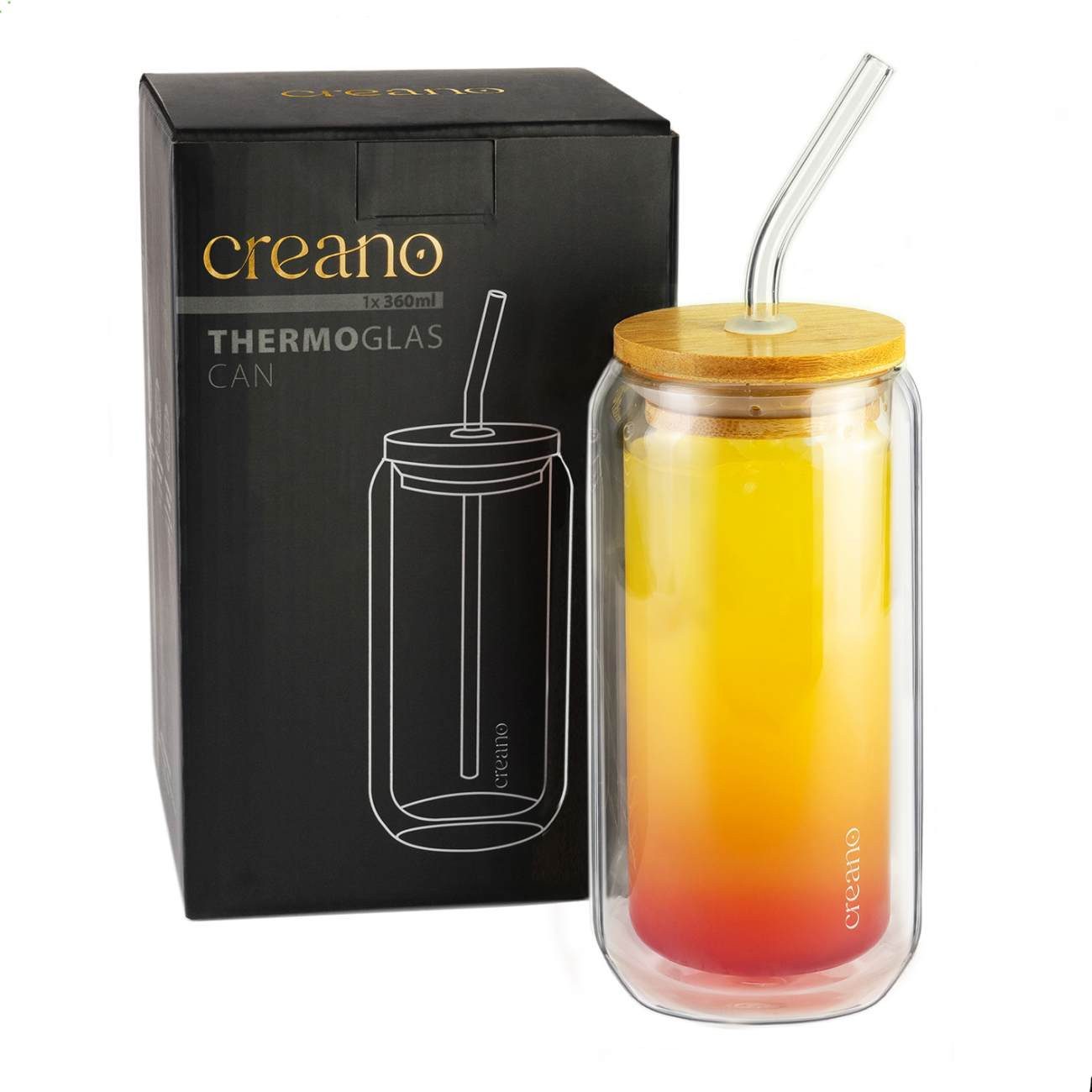 Creano Teeglas Creano doppelwandiges Trinkglas mit Deckel & Strohhalm 360ml 1er, Borosilikatglas