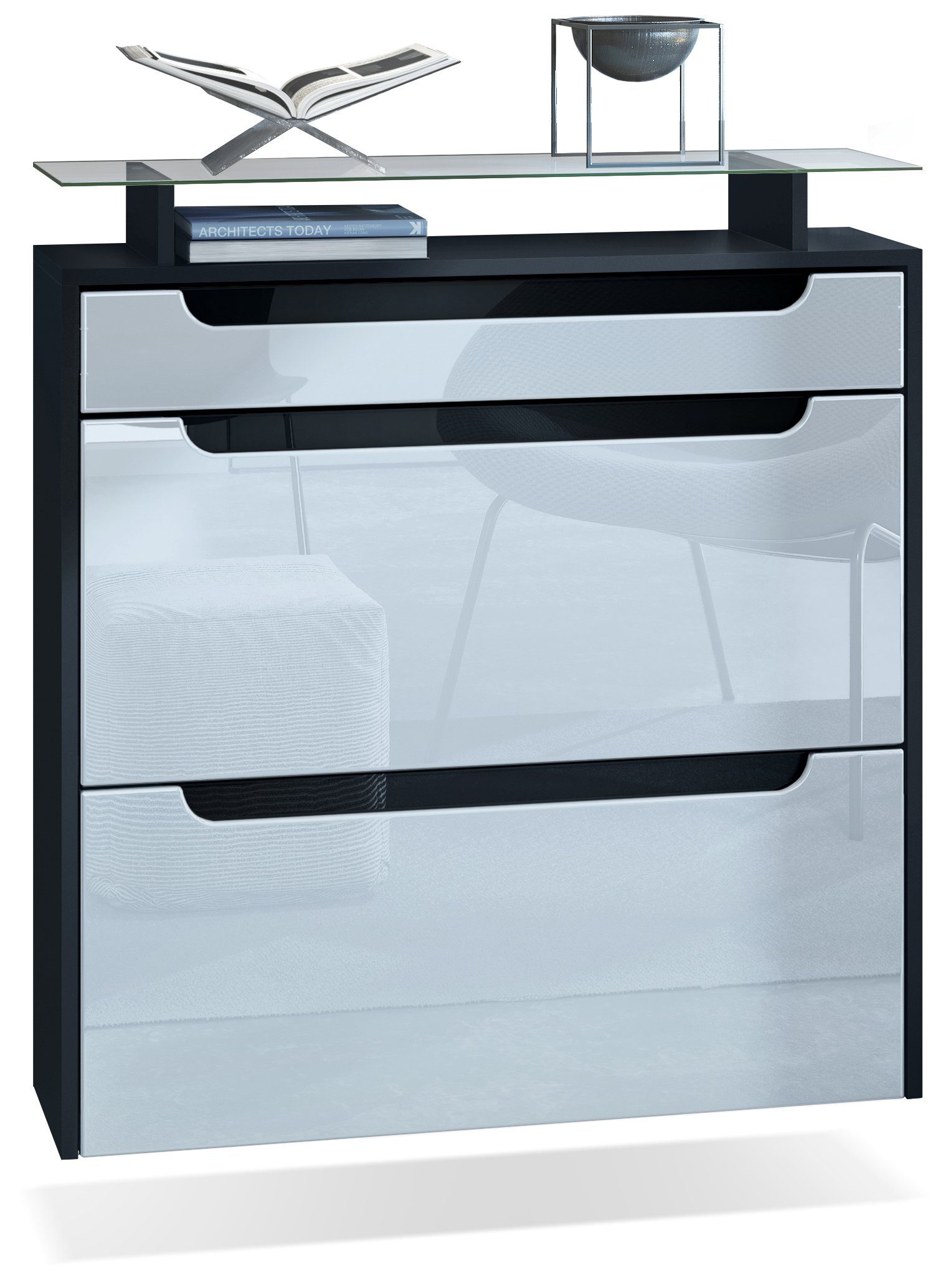 Vladon Schuhschrank Annie (Schuhkipper für 16 Paar Schuhe, mit 2 Klappen, Schublade und Glasablage) Schwarz matt/Weiß Hochglanz/Schwarz Hochglanz (89 x 96 x 23 cm)