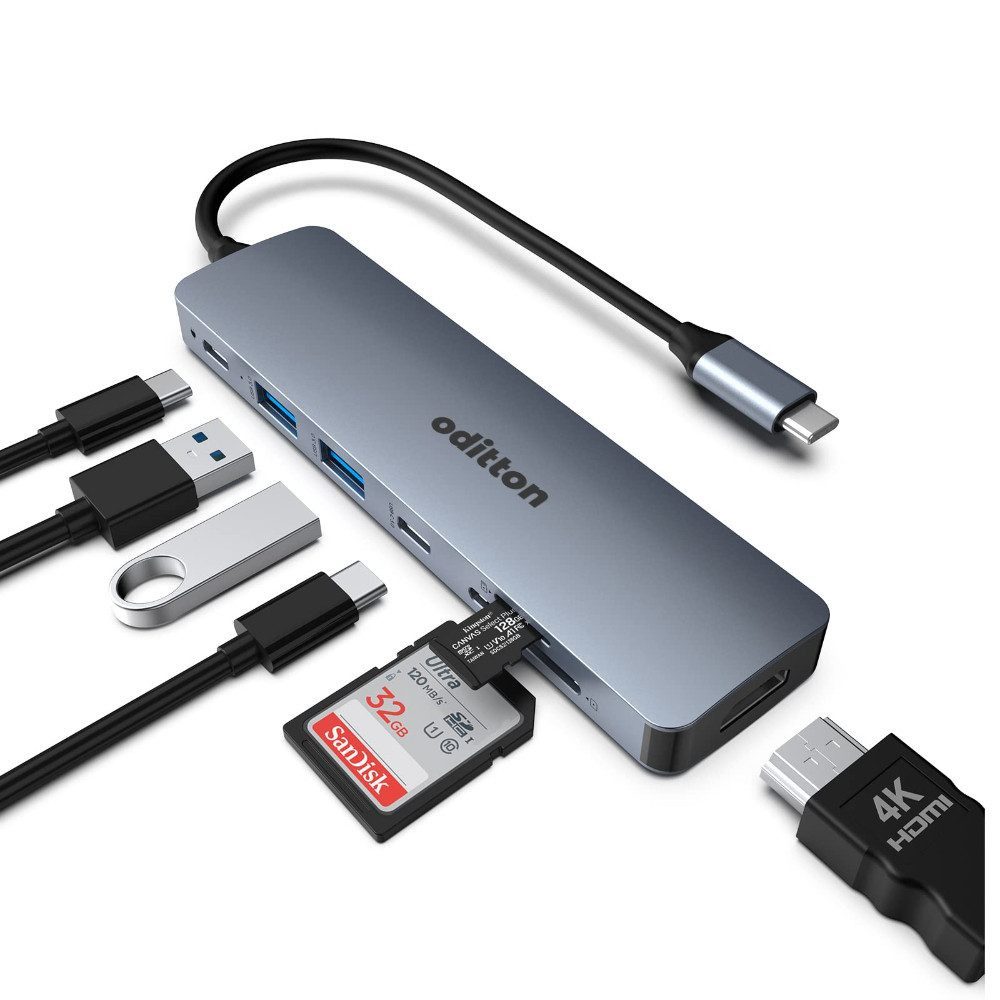Solarandmore USB-C Hub 7-in-1 mit HDMI, PD, USB 3.0, SD/TF – Adapter USB-Adapter USB-C Stecker zu USB-C, HDMI, USB 3.0, SD, TF, Kompakt, 4K HDMI, PD Laden, Plug & Play, leicht