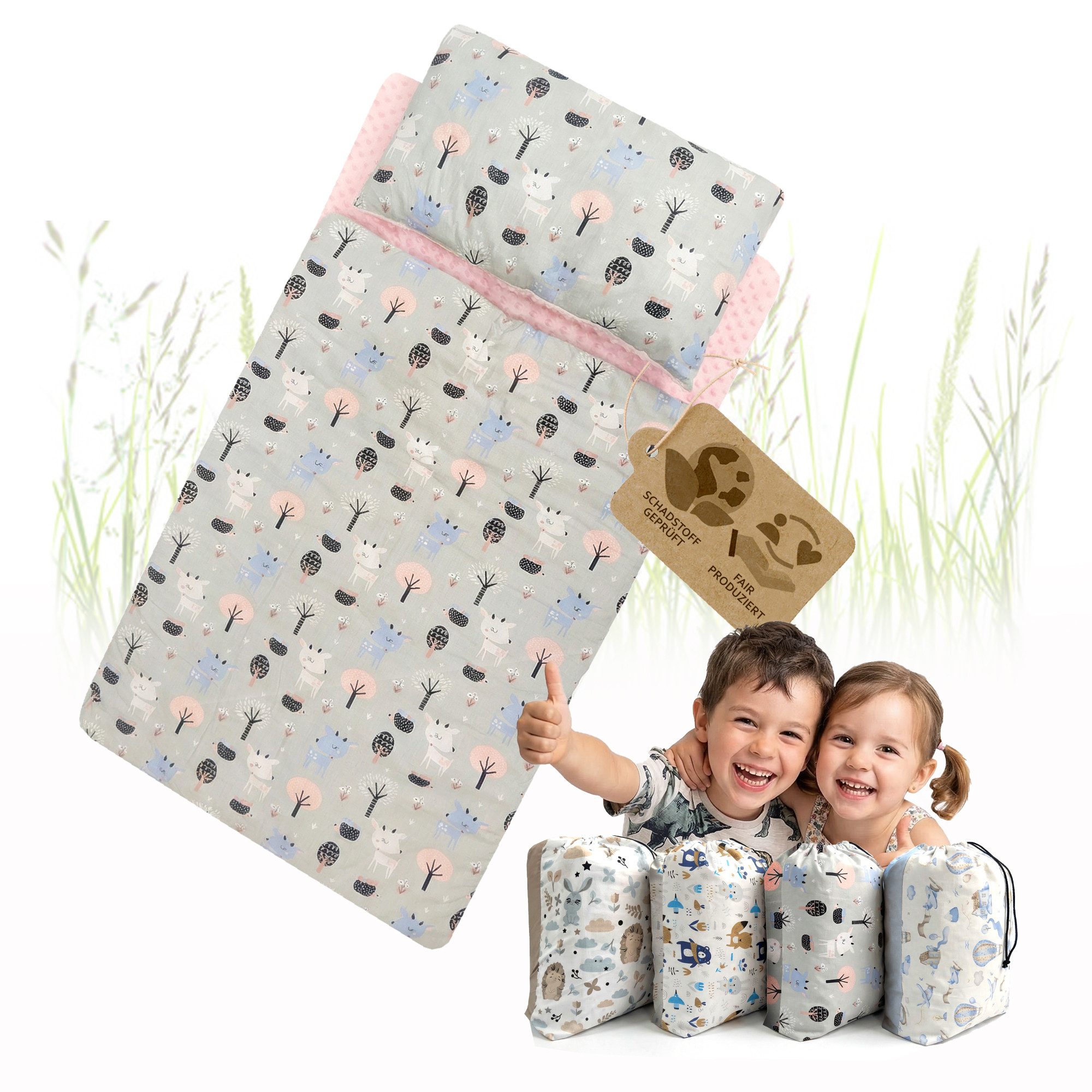 BambiniWelt by Rafael K. Kinderschlafsack Schlafsack mit Kissen & Reißverschluss für Kinder 3-7 Jahre 75x140 cm (Schlafsack mit Kissen und Transportbeutel), mit Kissen und Transportbeutel, waschbar