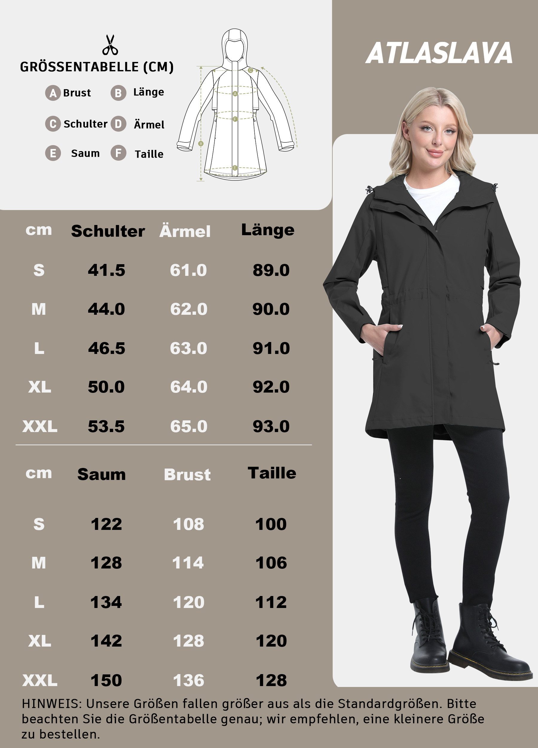 ATLASLAVA Regenjacke Damen Lang Softshelljacke Regenmantel (1-St) Frauen Trenchcoat Windbreaker Leichte Übergangsjacke Mantel