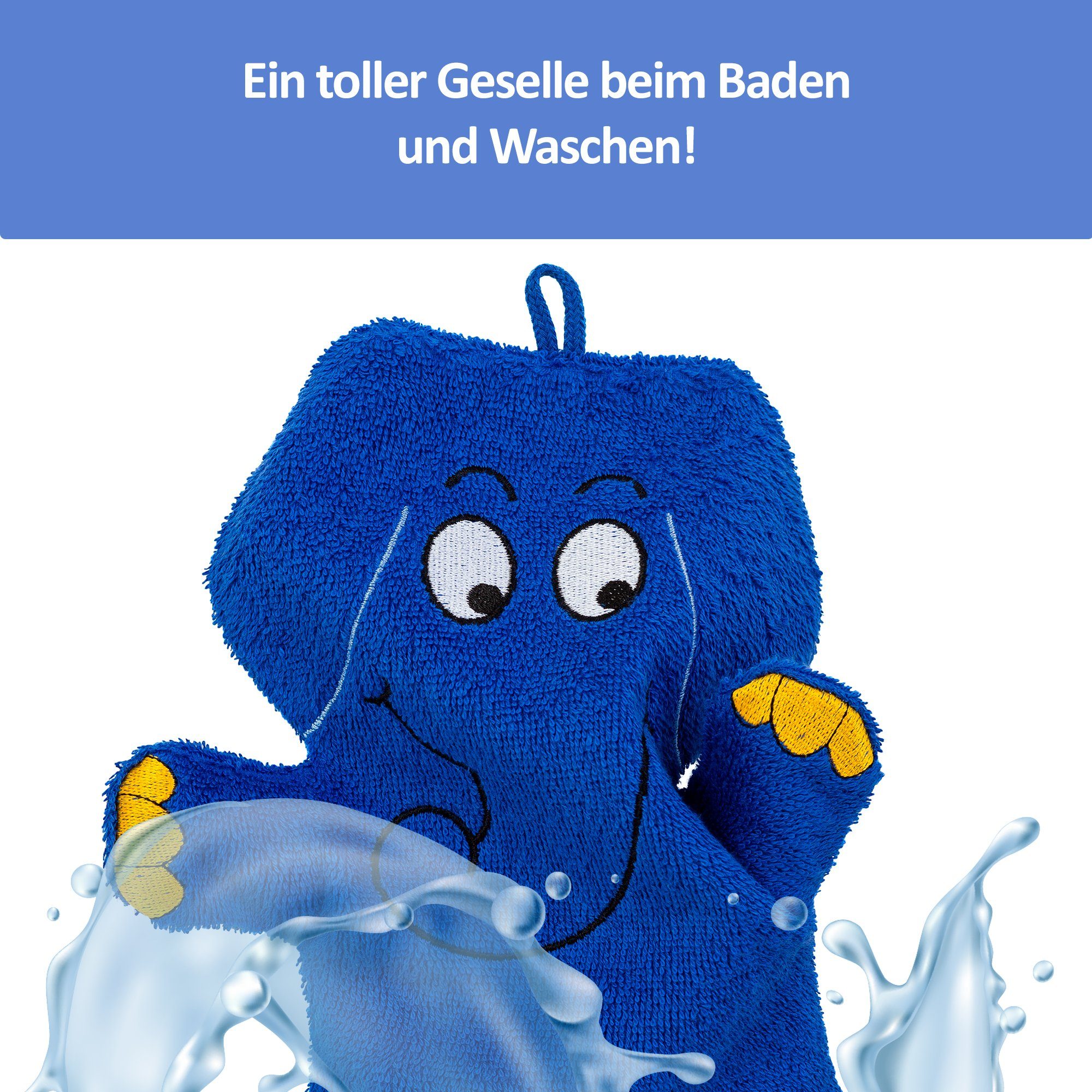 Smithy Waschlappen blauer Applikation (1-tlg), Elefant Waschhandschuh