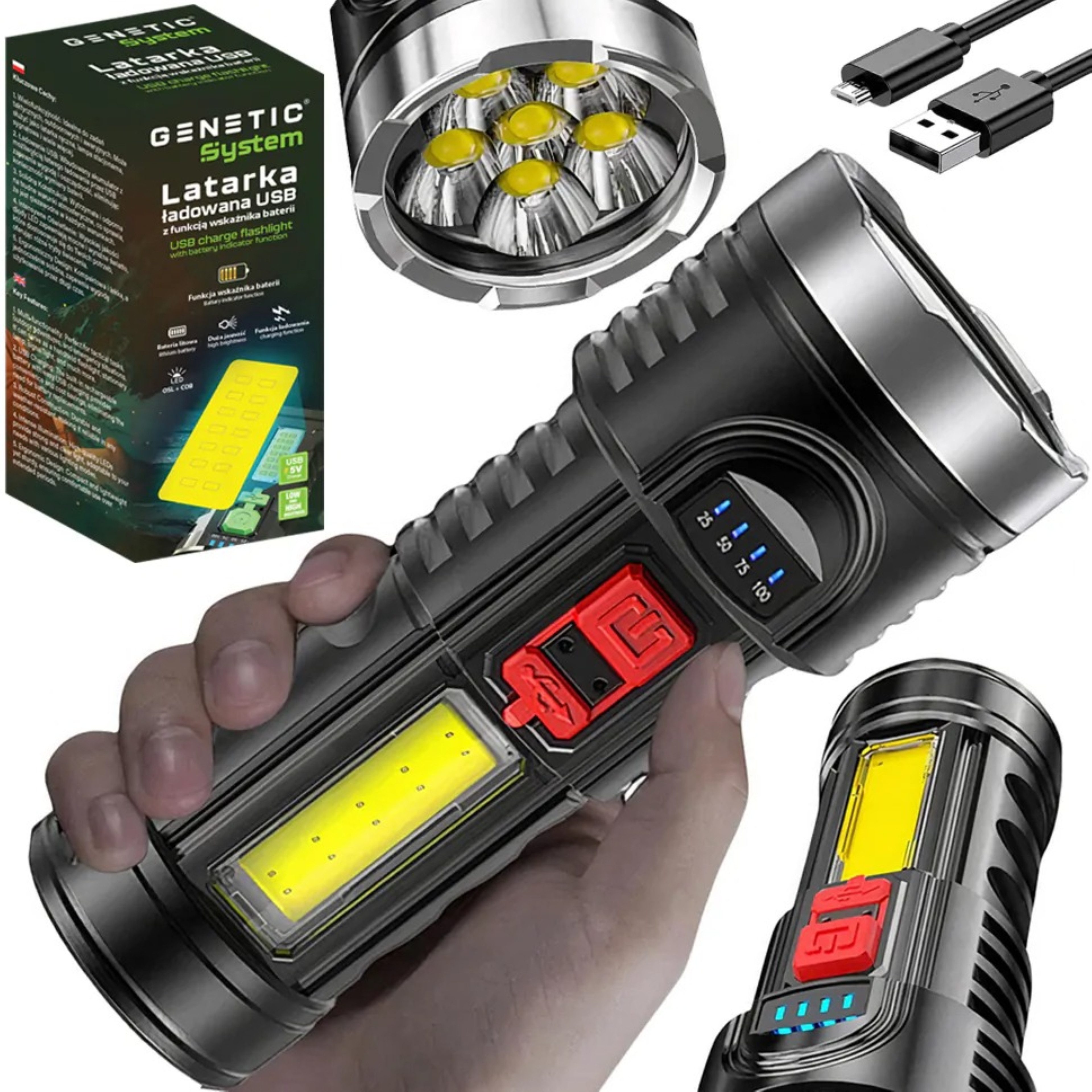 LED Taschenlampe Wiederaufladbare LED-Taschenlampe XPE COB 4 Lichtmodi USB Akku robust