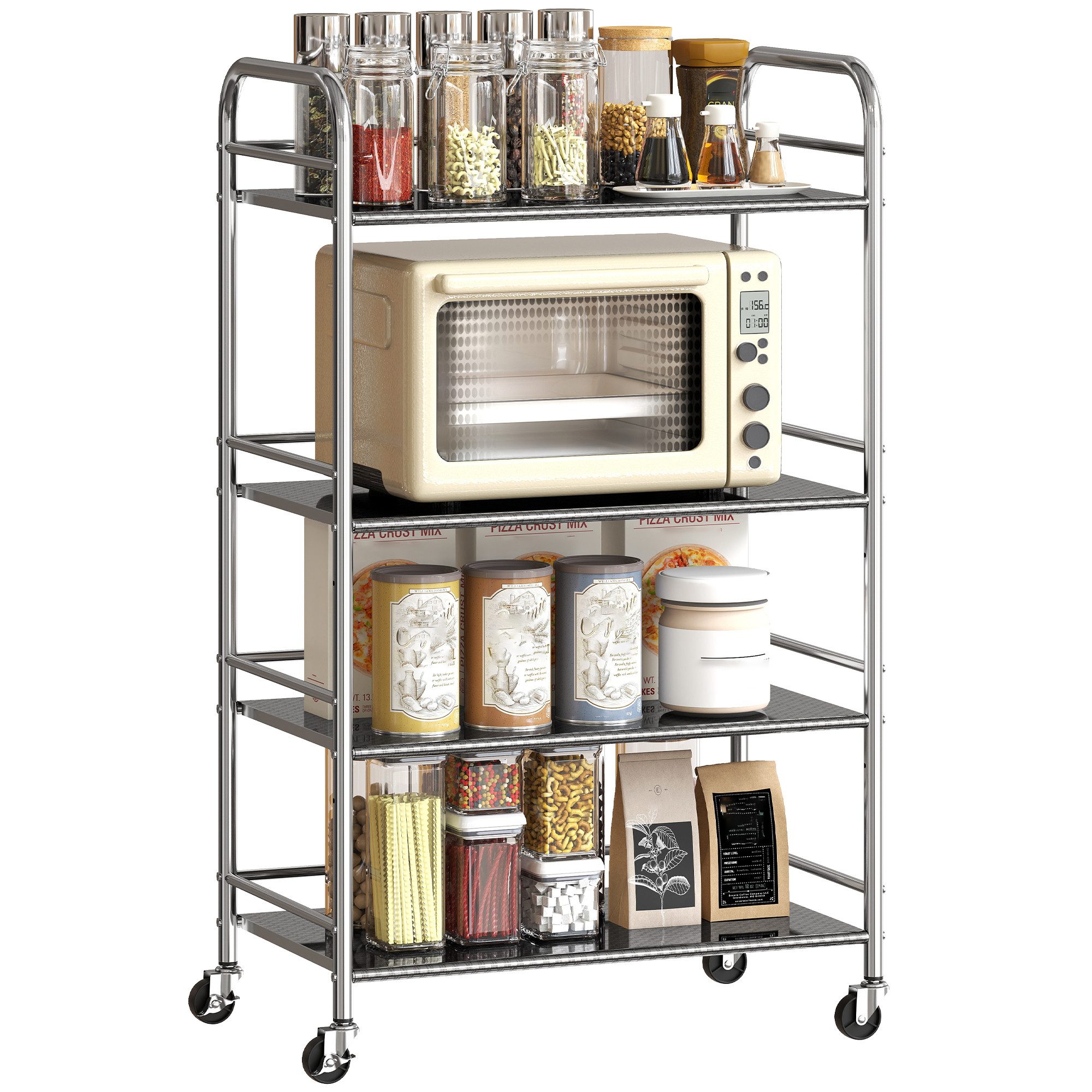 HOMCOM Küchenwagen Rollwagen Servierwagen aus Edelstahl für Wohnzimmer Küche Bad Büro, (Set, 1 St., 1), 4 Ebenen, höhenverstellbare Regale, max. 50 kg
