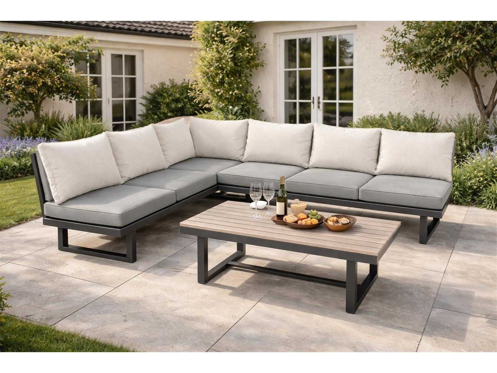 Green Spirit Loungeset Gartenlounge Manhatten, höhenverstellbare Ecklounge mit Liegefunktion, (Set, 3-tlg., 2x 3-Sitzer Bank inkl. Sitz- und Rückenkissen, 1x Tisch), Aluminium, grau, für 6 Personen, wetterfest, Garten, Terrasse, Outdoor