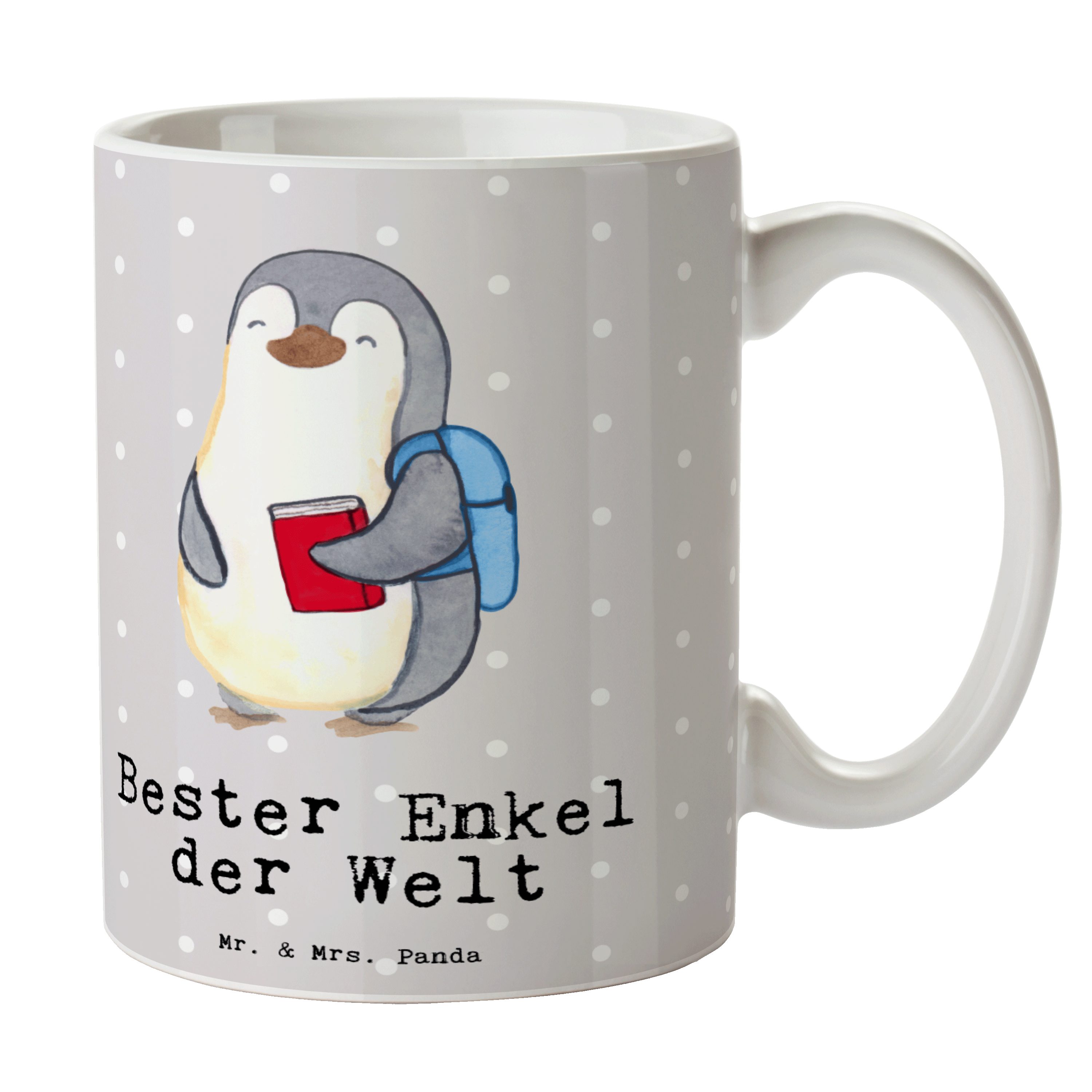 Mr. & Mrs. Panda Tasse Pinguin Bester Enkel der Welt - Grau Pastell - Geschenk, Opa, Mitbrin, Keramik