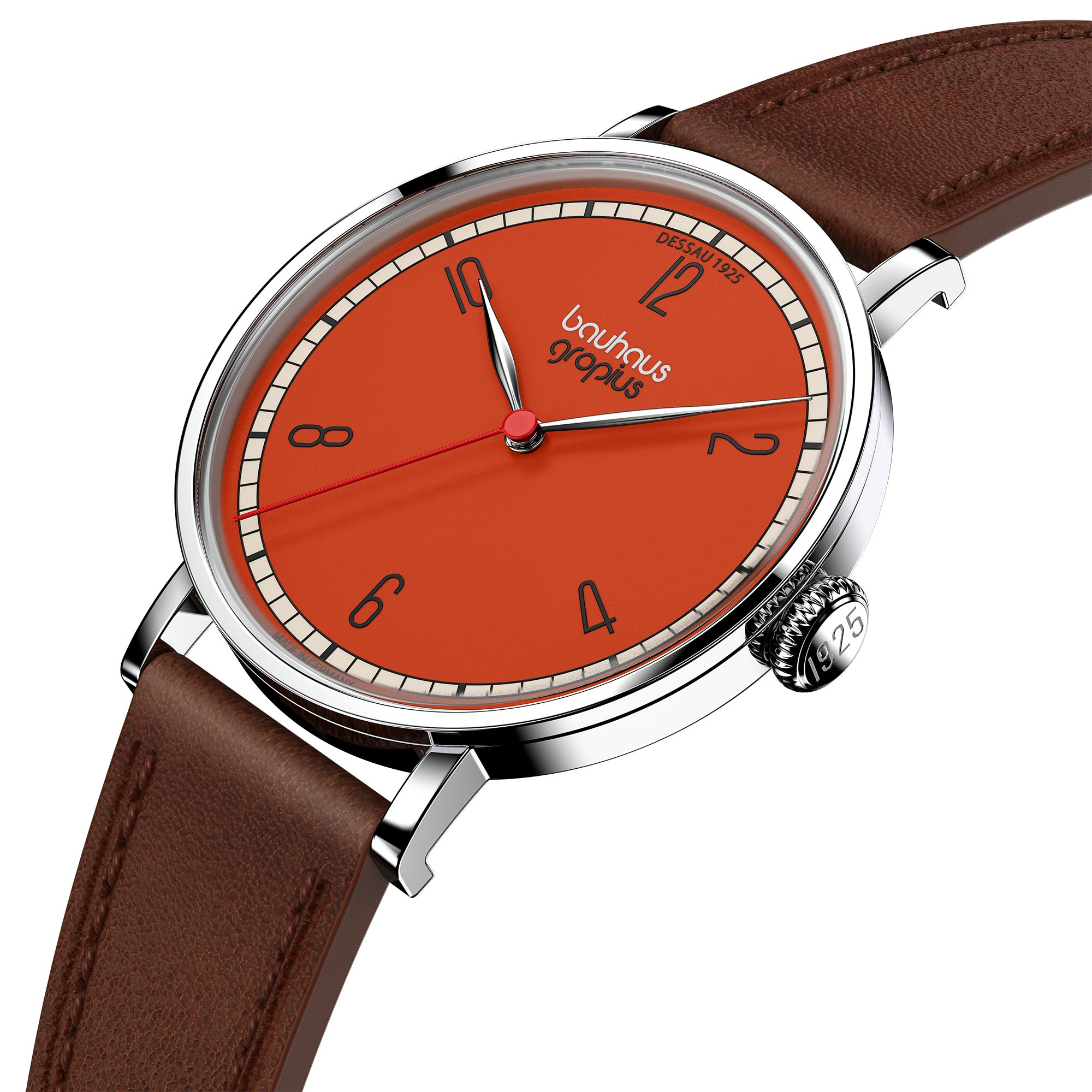 Walter Gropius Quarzuhr Made in Germany, Damenuhr, Herrenuhr, Unisex, Saphirglas - WGN 003-06, Armbanduhr, Lederarmband, Edelstahlgehäuse, New Bauhaus Dessau 1925