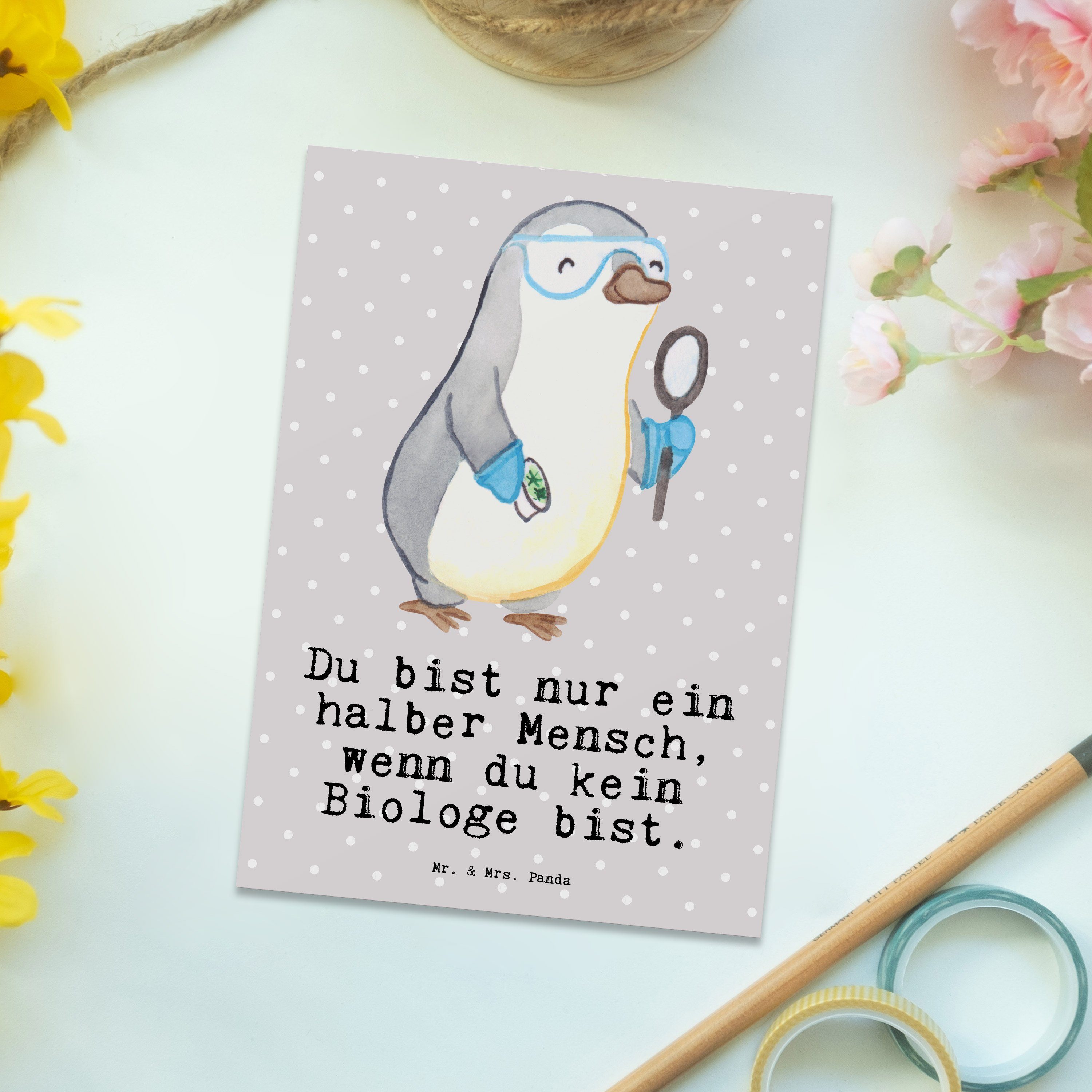 Geschenk, & mit Postkarte Biologe - Herz - Geburtstagskarte, Panda Mrs. Grau Biologi Pastell Mr.