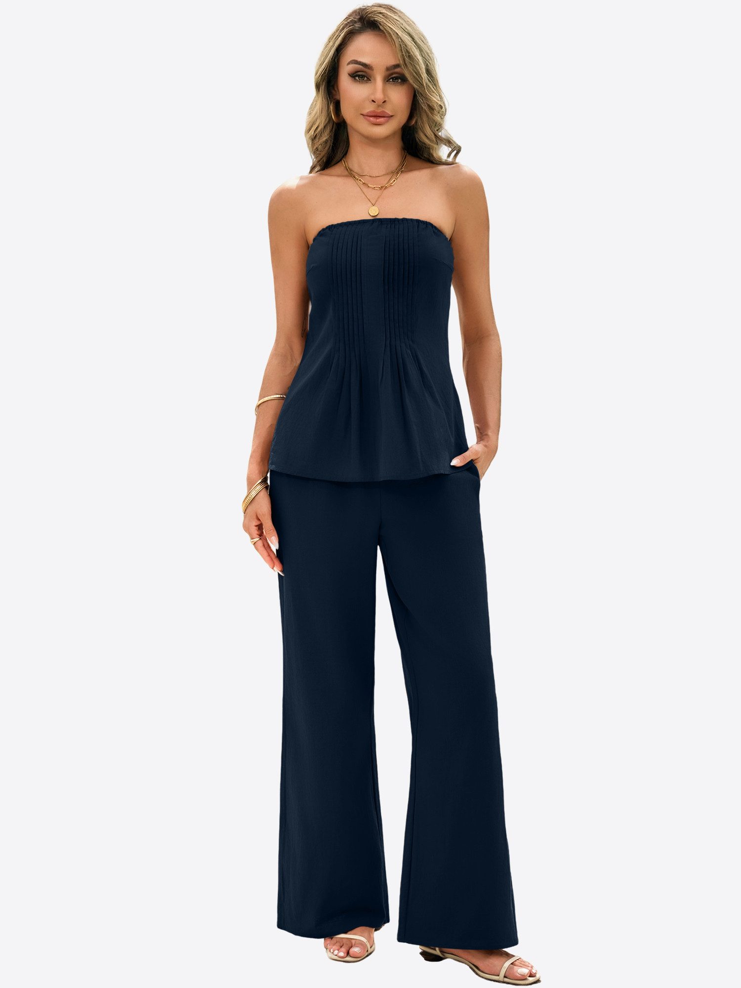 Imily Bela Hausanzug Damen Zweiteilig Schulterfrei Plissierter Oberteil mit weiter Hose (Packung, 2 tlg., 2er-Pack, Top+Hose) in Unifarbe aus Baumwolle