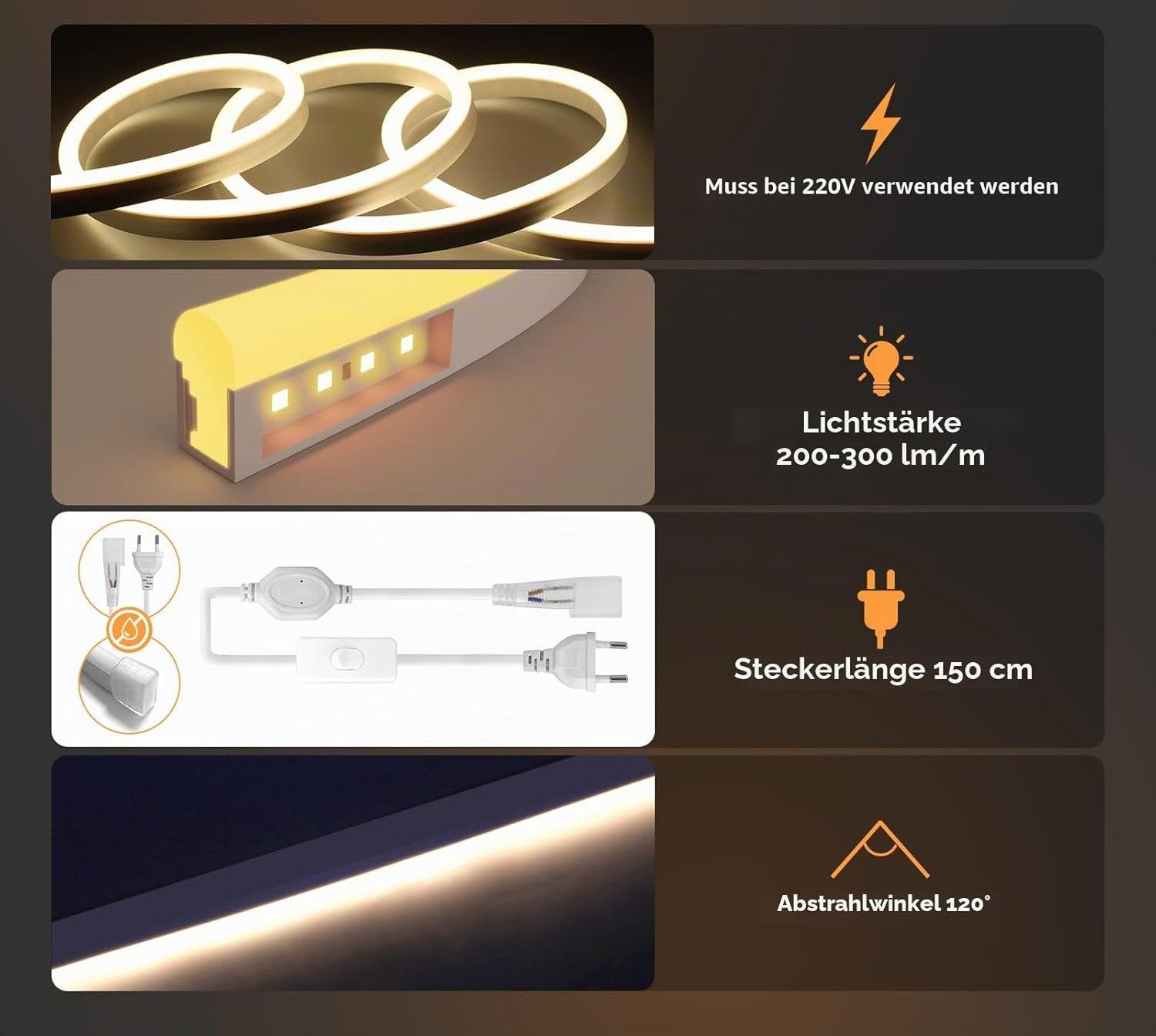 Athlix LED-Streifen Neon COB Streifen Weiß LED Strip, Wasserdicht Innen Außen, IP65 Wasserdicht, 120 LEDs pro Meter, zuschneidbar