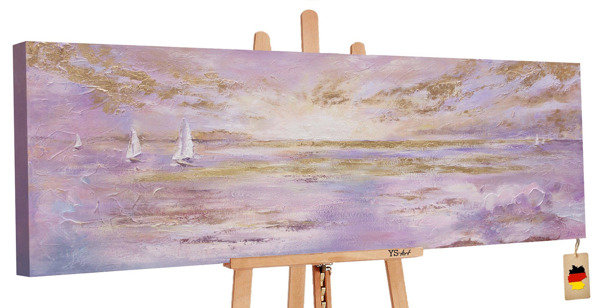 YS-Art Landschaftsbilder, Handgemalt Gold Segelboote Meer Lila Bild Gemälde Leinwand Wasser Sonnenstrahlen,