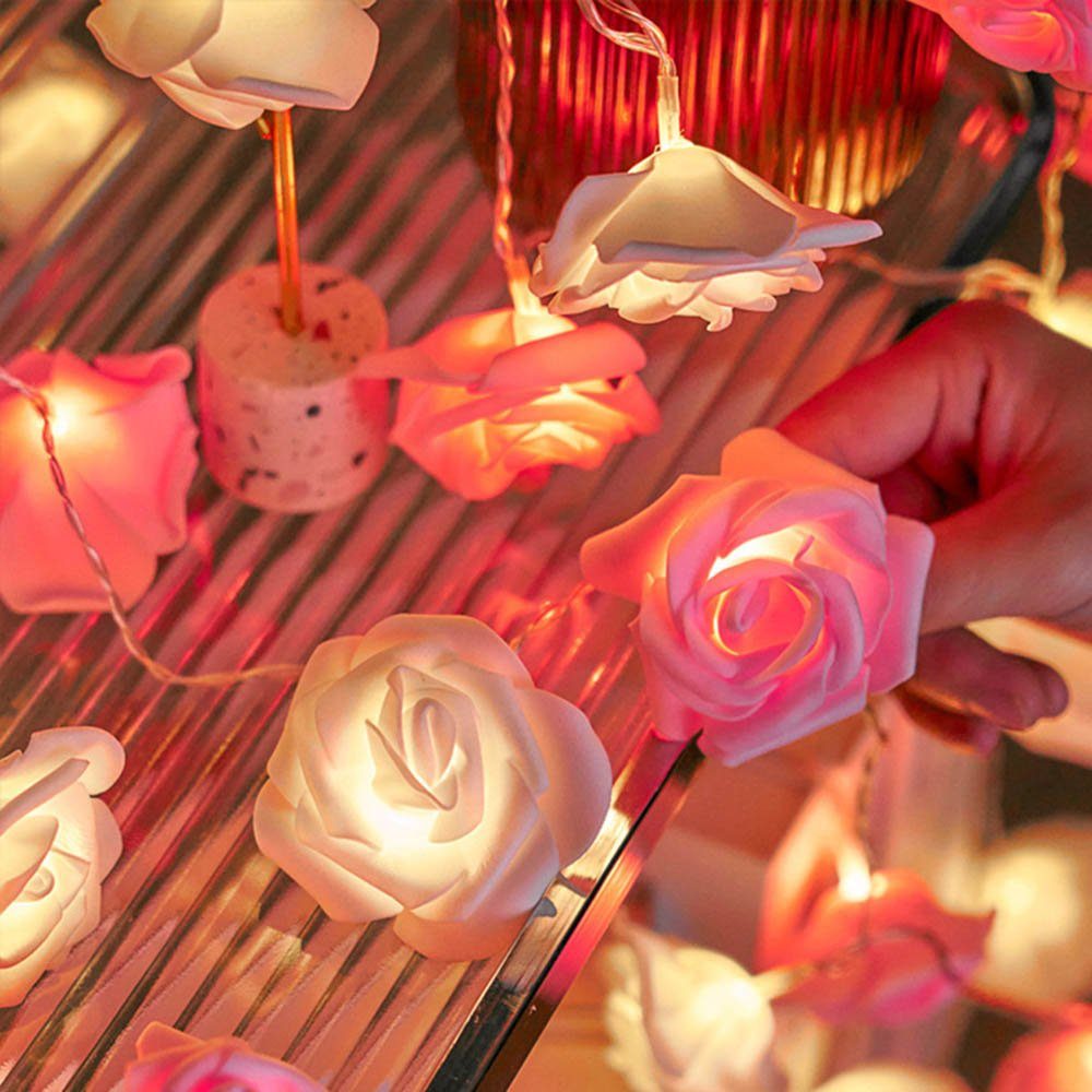 MUPOO LED-Lichterkette LED Nachtlicht 3M Garten Rose,LED Girlande,Kunstblume Warmweiß,Batterie, Dekolicht Rose Rosa für Weiß 20LEDs Party Weihnachten,Blumengirlande