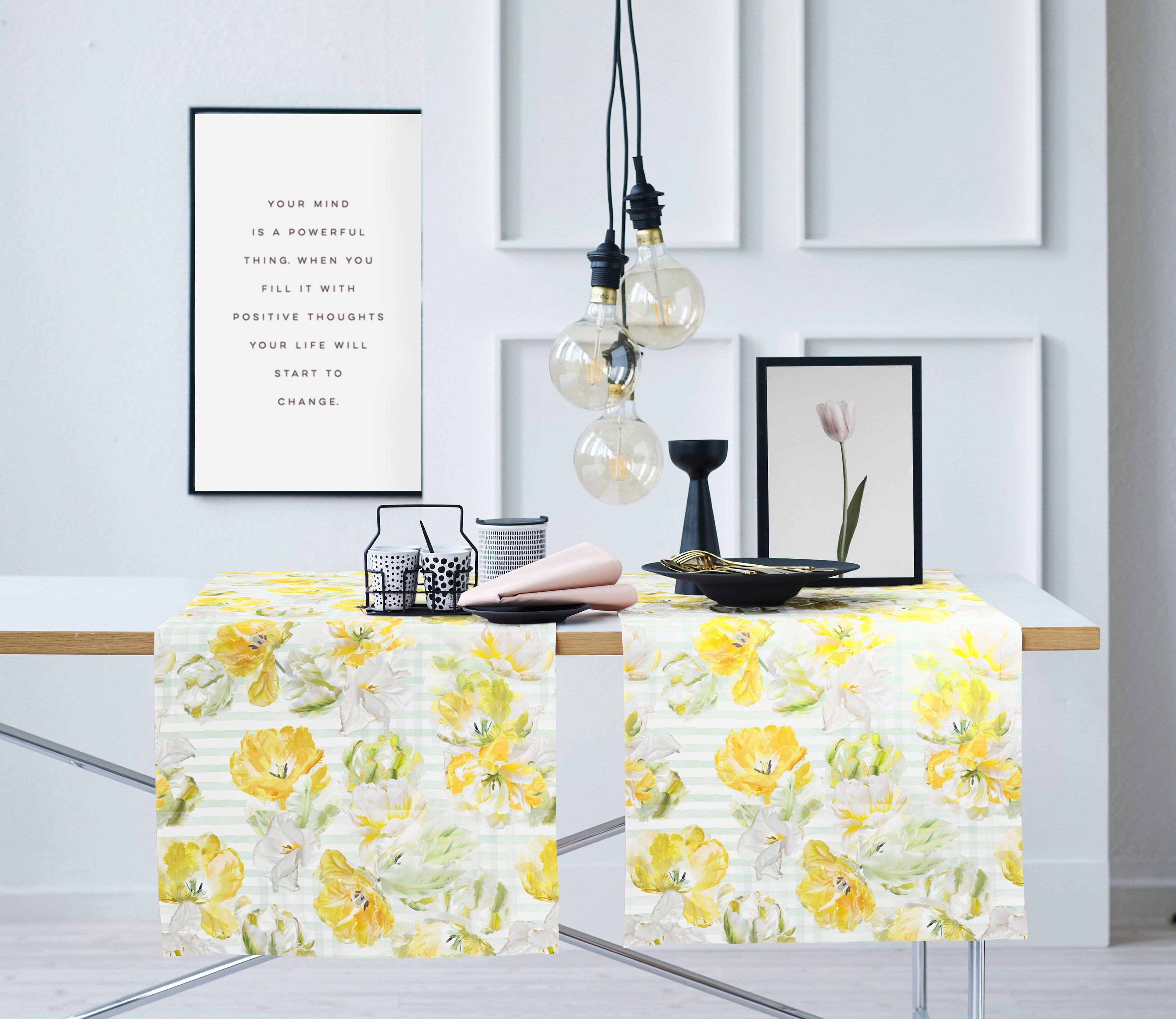 Tischläufer 6405 weiß/gelb/natur Digitaldruck Frühjahrsdeko, SPRINGTIME, Frühling (1-tlg), APELT