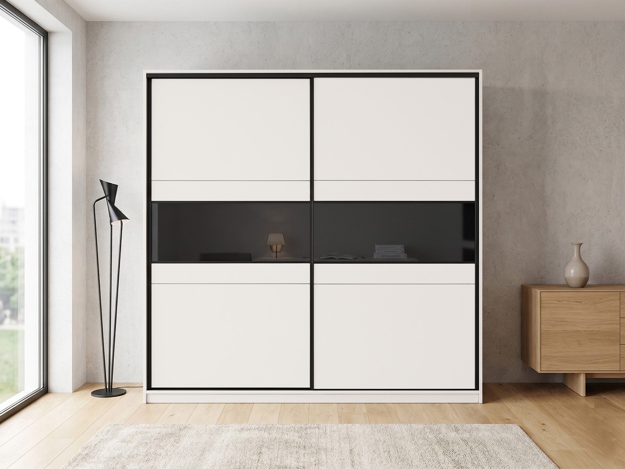 MIRJAN24 Kleiderschrank Manhattan 226 (mit zwei Schiebetüren und drei Schubladen) zwei Kleiderstangen, Schwarzes Lacobel-Glas