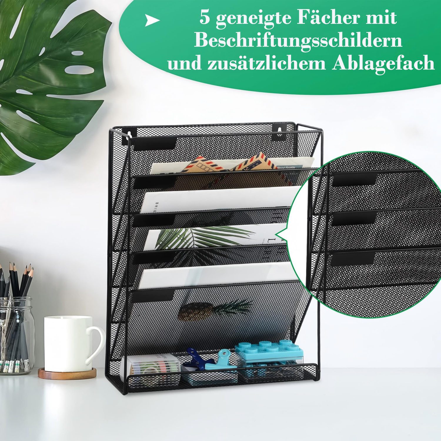 SURFOU Zeitungsständer Zeitungsständer Zeitschriftenhalter Wand – 6-stufiger Hängender (6-stufiger Wand-Aktenhalter aus Metall, 40,5*32,5*10,5cm, Hängendes zeitungsständer, Schwarz, Robuster Aktenorganizer mit 5 Fächern & unterem Fach – Wandmontage möglich, 1 St., Aus Metall mit Pulverbeschichtung – Für Büro, Schule, Zuhause), Rostfrei, langlebig und robust