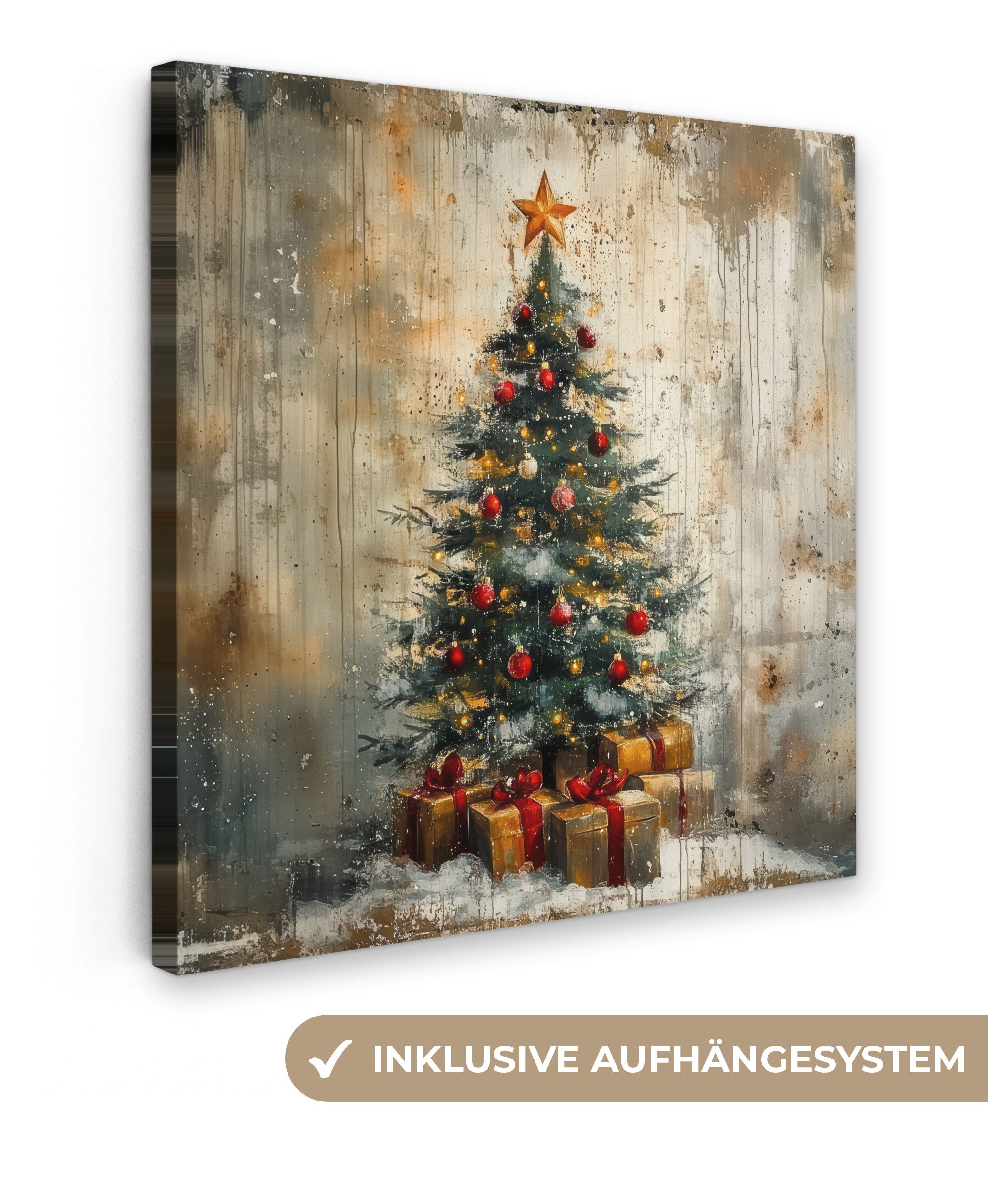 OneMillionCanvasses® Leinwandbild Weihnachtsbaum - Vintage - Weihnachten - Geschenk, Fotodruck (1 St), Wandbild, Deko Schlafzimmer Wohnzimmer Flur 20x20 cm