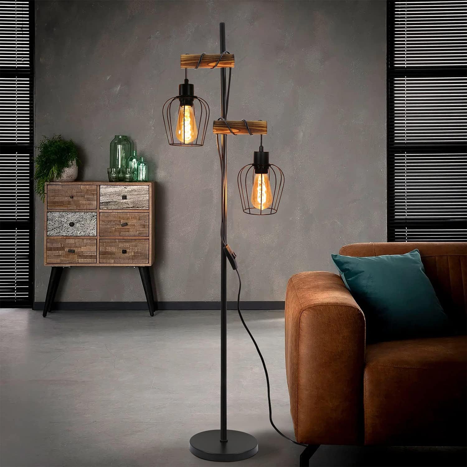 Stehlampe Wohnzimmer 2 Flammig 151CM Holz Retro Standleuchte Schlafzimmer