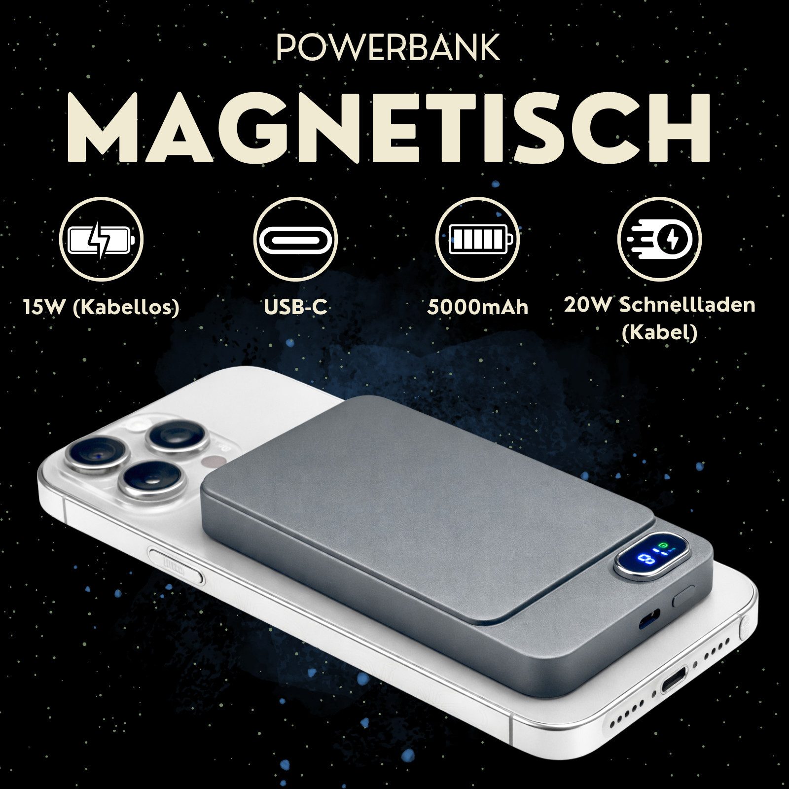 S&T Design Magnetisch Powerbank Magsafe kompatibel Kabellos Display Powerbank Magnetische Powerbank 20W 10000 mAh (5 V), PB Externer Akku Wireless LED Statusanzeige Schnellladefunktion