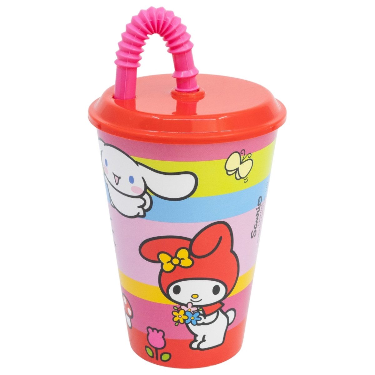 Hello Kitty Becher & Friends Trinkbecher 430 ml mit Deckel und Strohhalm, Polyethylen