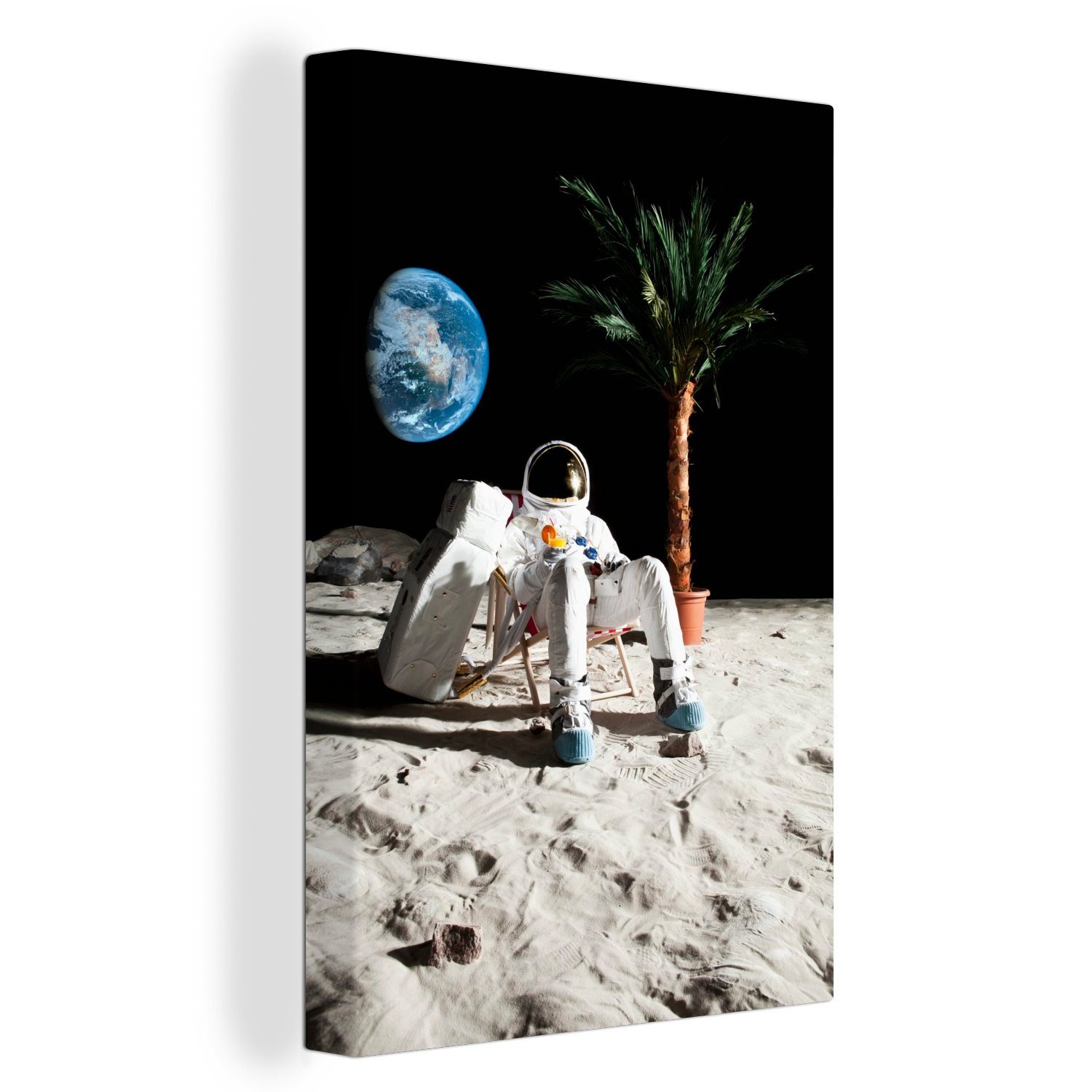 OneMillionCanvasses® Leinwandbild Leinwandbild Palme Mond bespannt Liegestuhl, cm - Zackenaufhänger, Gemälde, St), Astronaut - inkl. fertig - (1 20x30