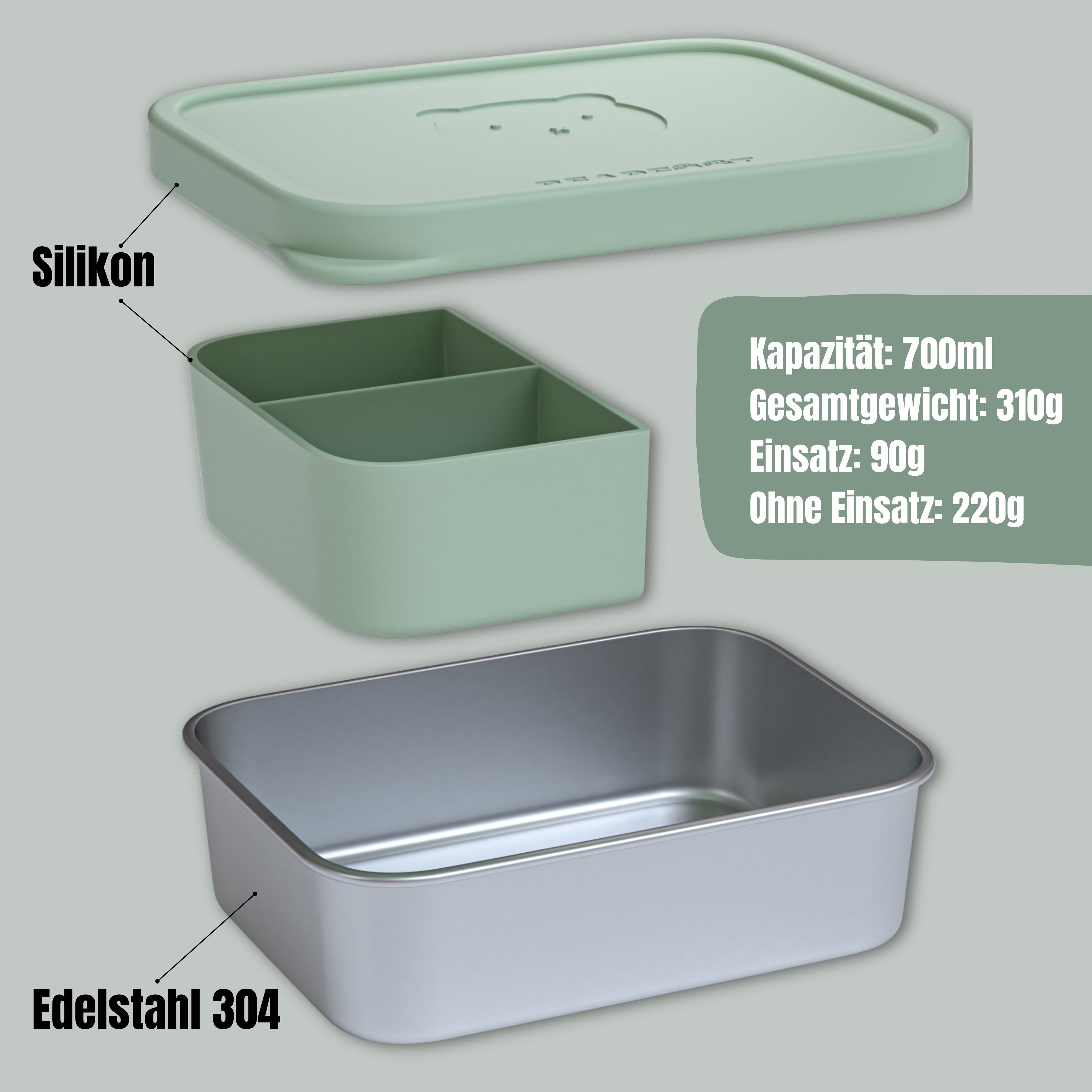BEARFOOT Lunchbox Brotdose Kinder Edelstahl mit Silikoneinsatz - Salbei, Kindergarten und Schule - Mädchen und Jungen, Vesperbox, Snackbox – Bild 4 von 5